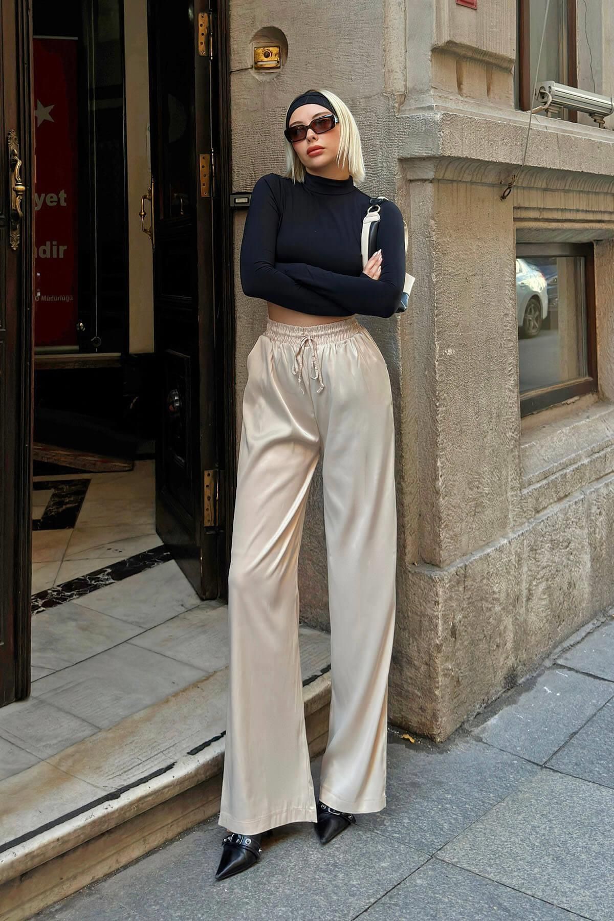 Swist-Pantaloni de damă din satin cu talie înaltă cu șnur cu talie dreaptă 2
