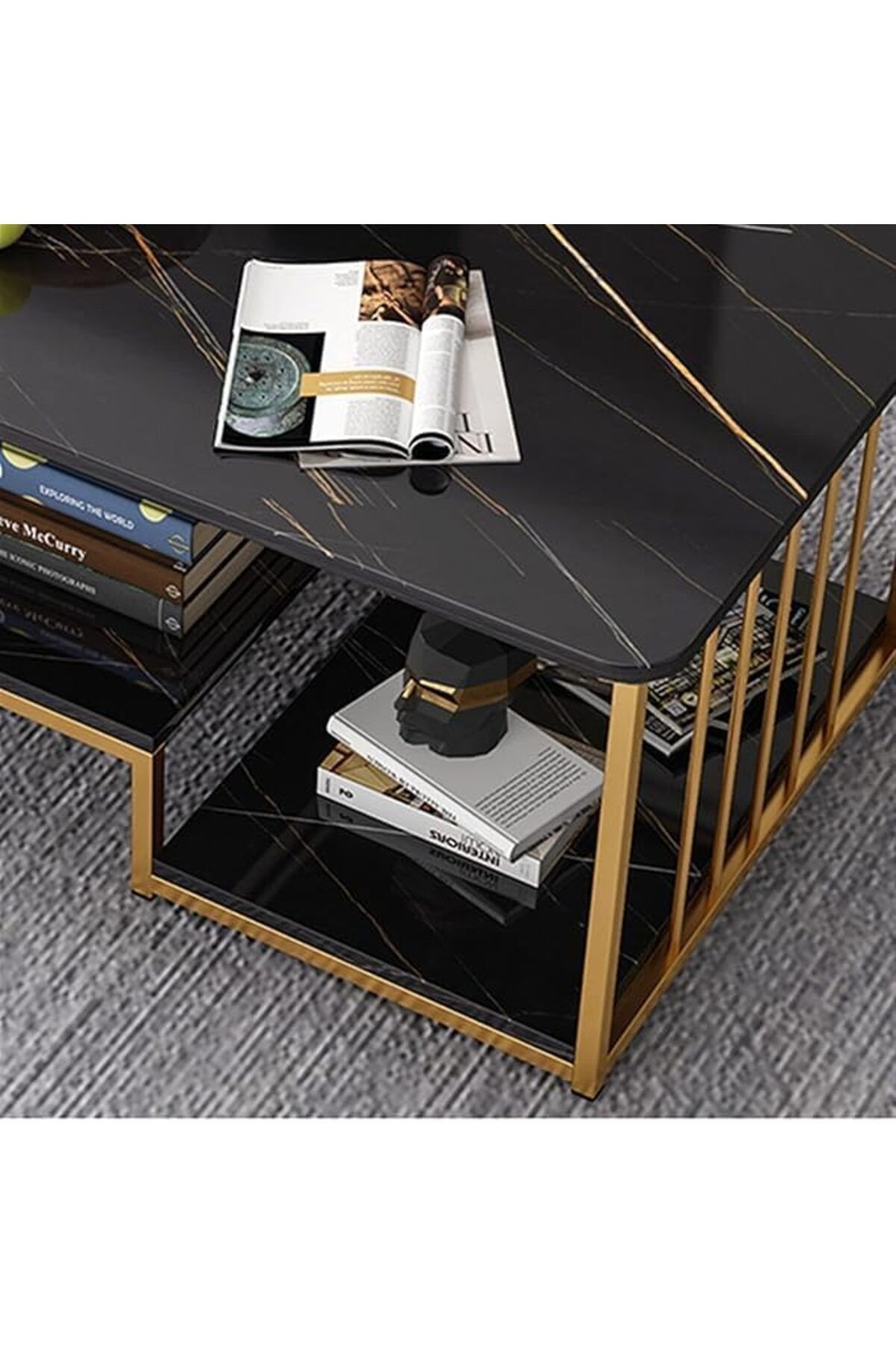 Vital-Coffee Table with Storage, Rectangular Sofa Tables Open Shelf for Living Room, Center Marble F 4
