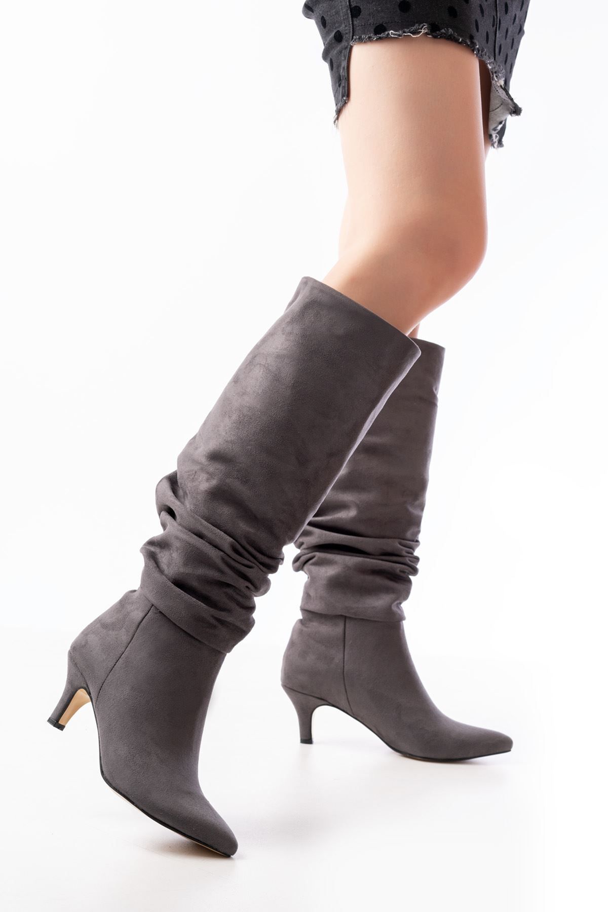 İnfon Ayakkabı Marketi-Infon Shoes Marketi Sr-2001 Gray Suede Thin Heeled Daily Boots 1