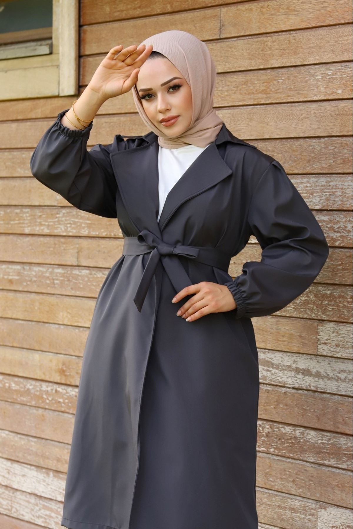 ALNİSS COLLECTİON Belden Bağlamalı Balon Kol Kadın Trenç görsel 5