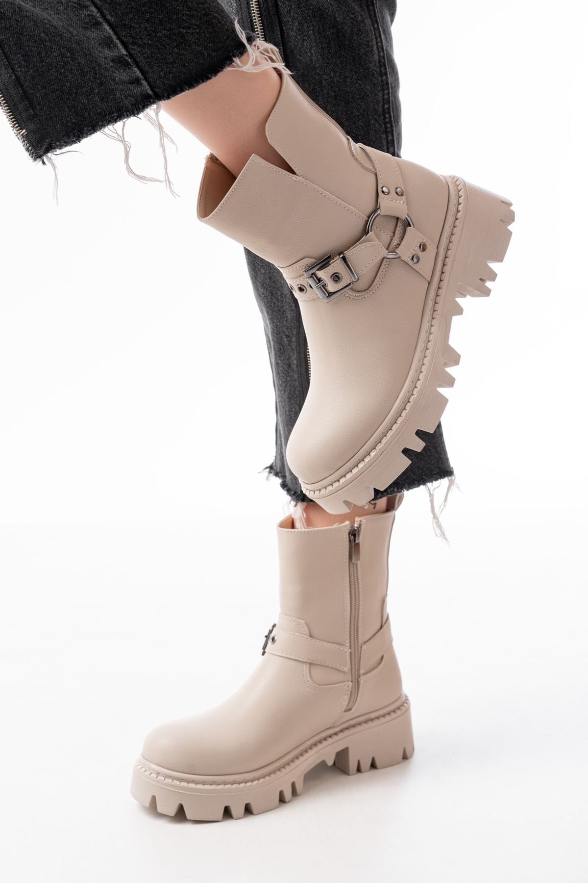 ASFSTORE 868-2015 Bej Fermuarlı Günlük Kadın Bot