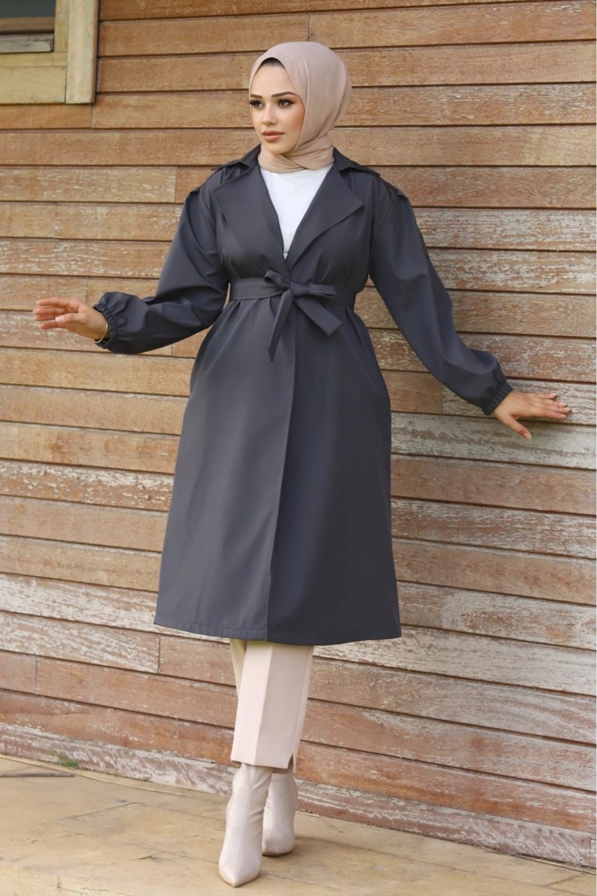 ALNİSS COLLECTİON Belden Bağlamalı Balon Kol Kadın Trenç
