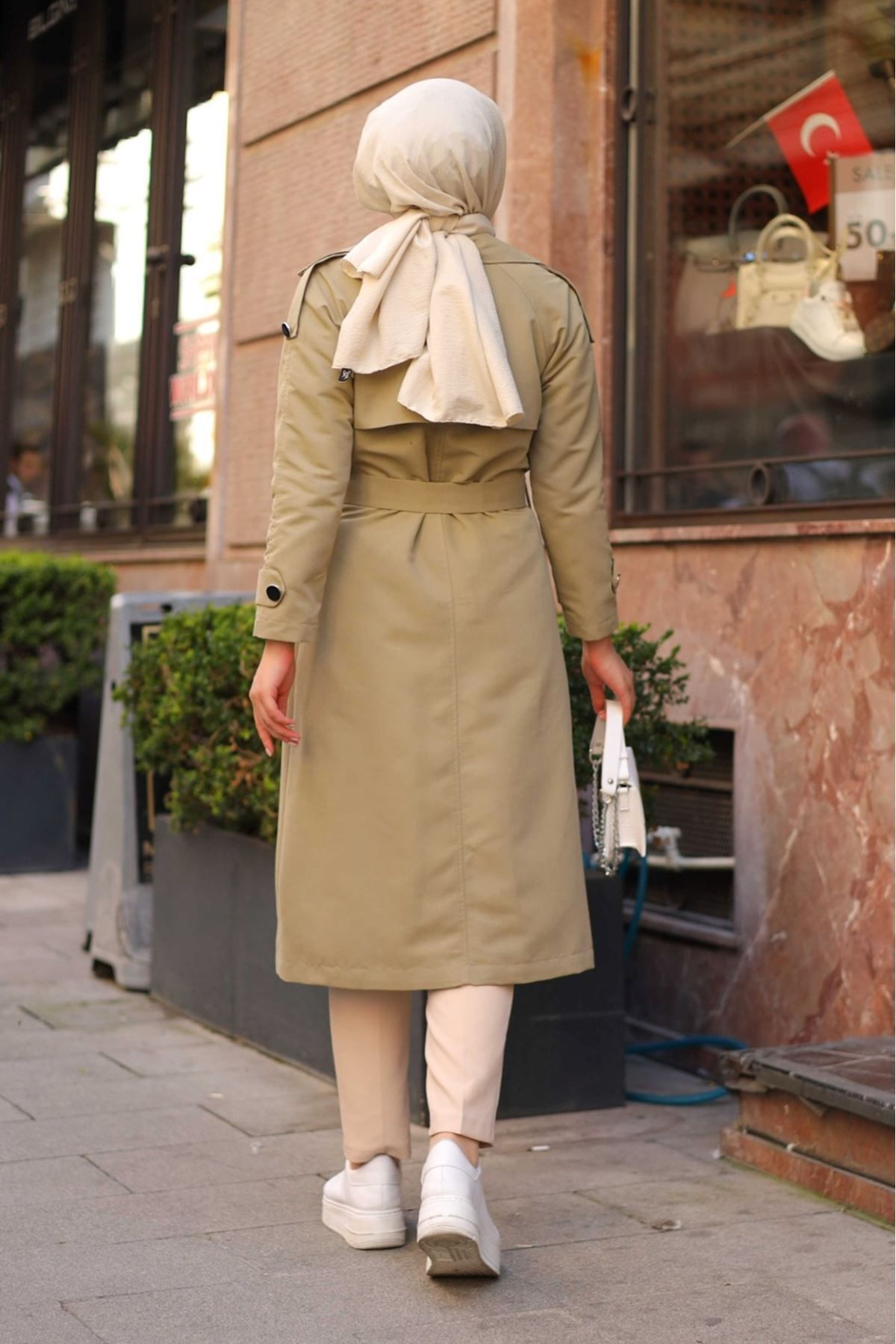 ALNİSS COLLECTİON-Double Breasted Collar and Waist Belted Lined Shoulder Trench Coat 7