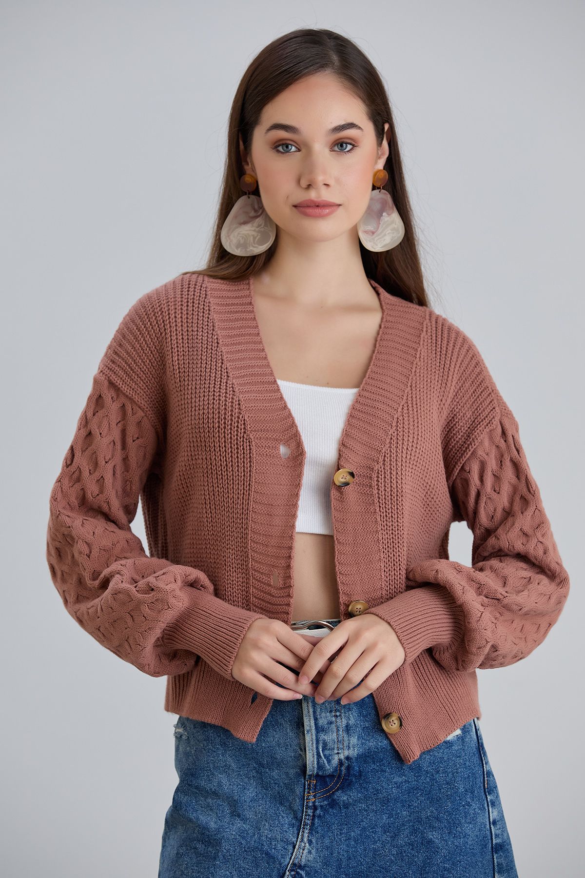 hanope-Women's Balloon Sleeve Knitted Patterned Crop Knitwear Cinnamon Cardigan 2