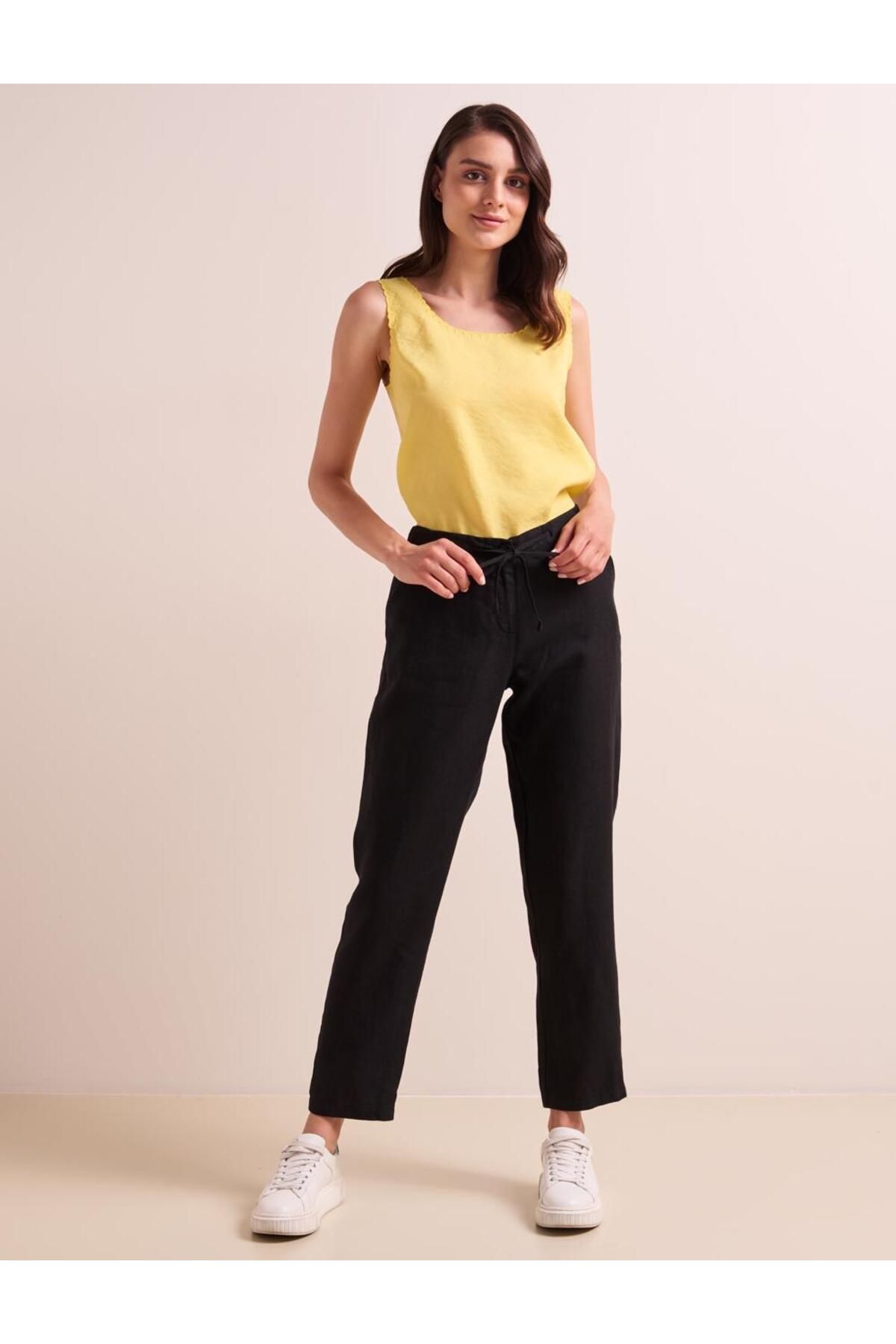 Jimmy Key-Black Straight Cut Linen Trousers with Elastic Waist Pockets 3