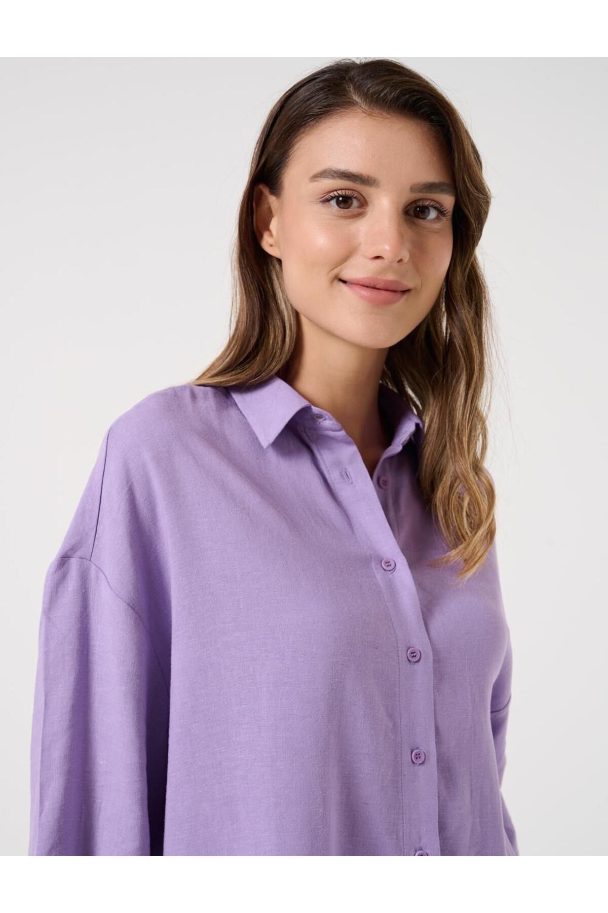 Jimmy Key-Lilac Loose Cut Three Quarter Sleeve Linen Shirt 3