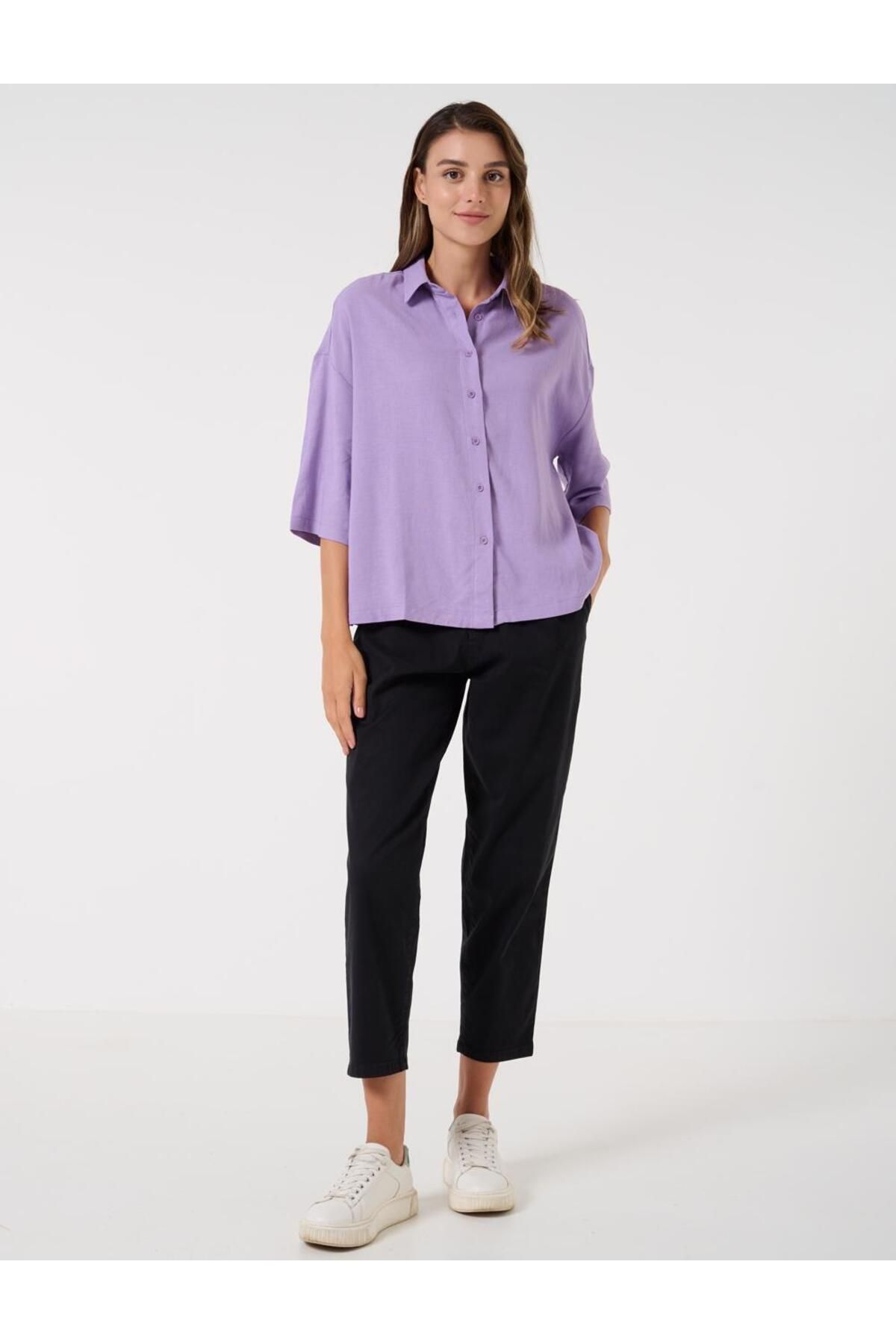 Jimmy Key-Lilac Loose Cut Three Quarter Sleeve Linen Shirt 4