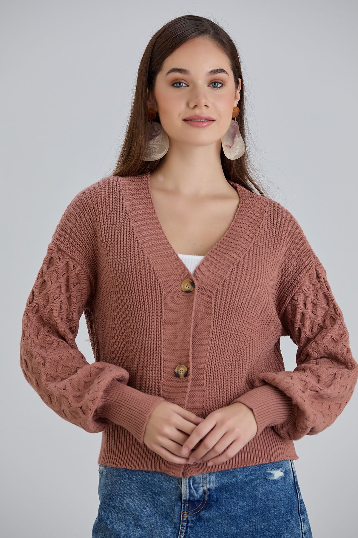 hanope-Women's Balloon Sleeve Knitted Patterned Crop Knitwear Cinnamon Cardigan 1