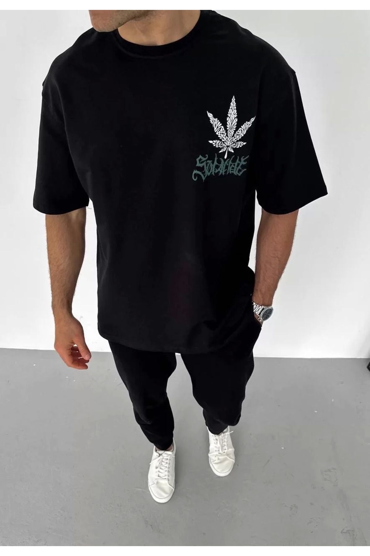 CVS Unisex Bisiklet Yaka Baskılı Oversize T-Shirt - Siyah