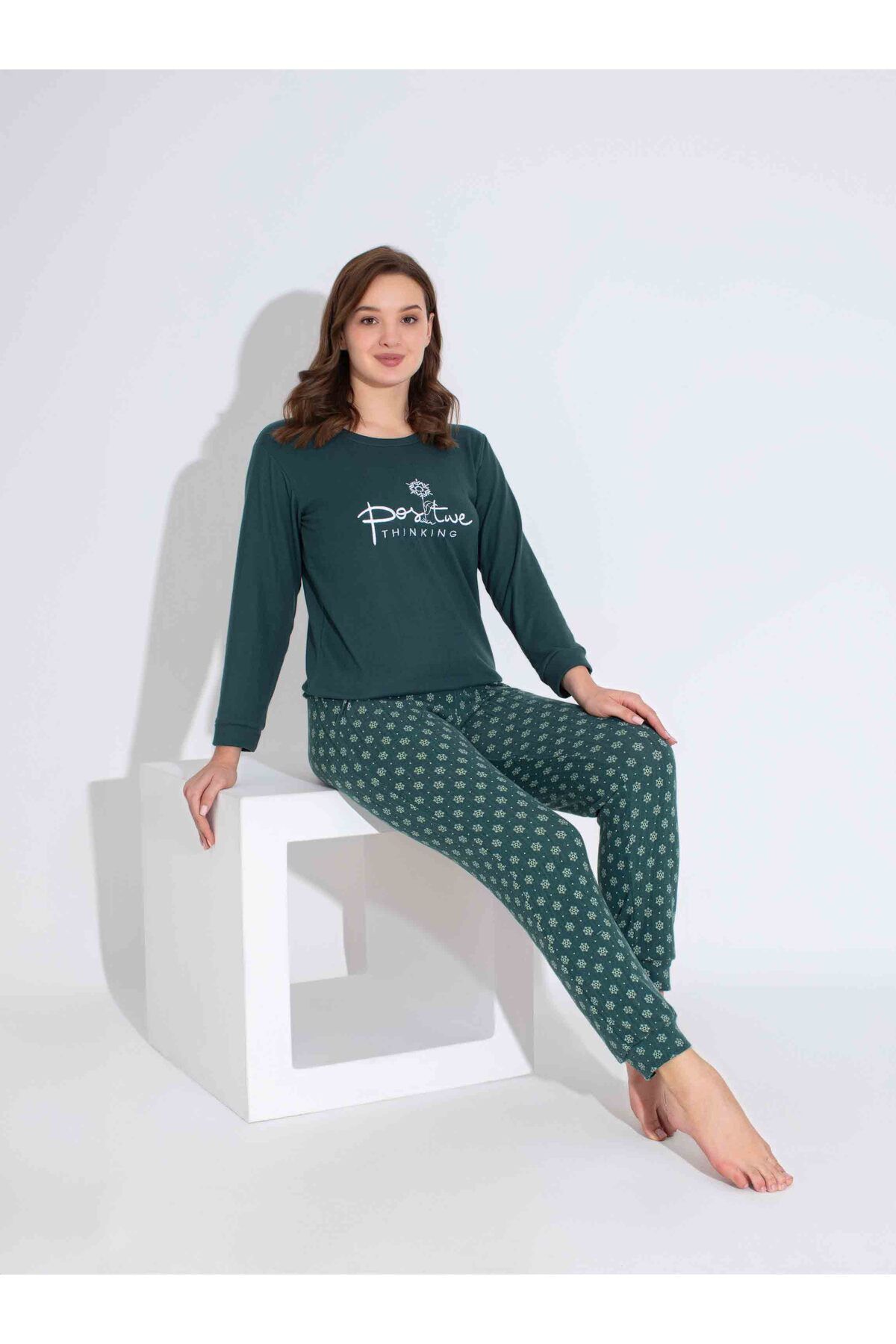 Tarık-Women's Green Snowflake Pattern Mother Girl Combination Thermal Winter Warm Soft Pajamas Set 2