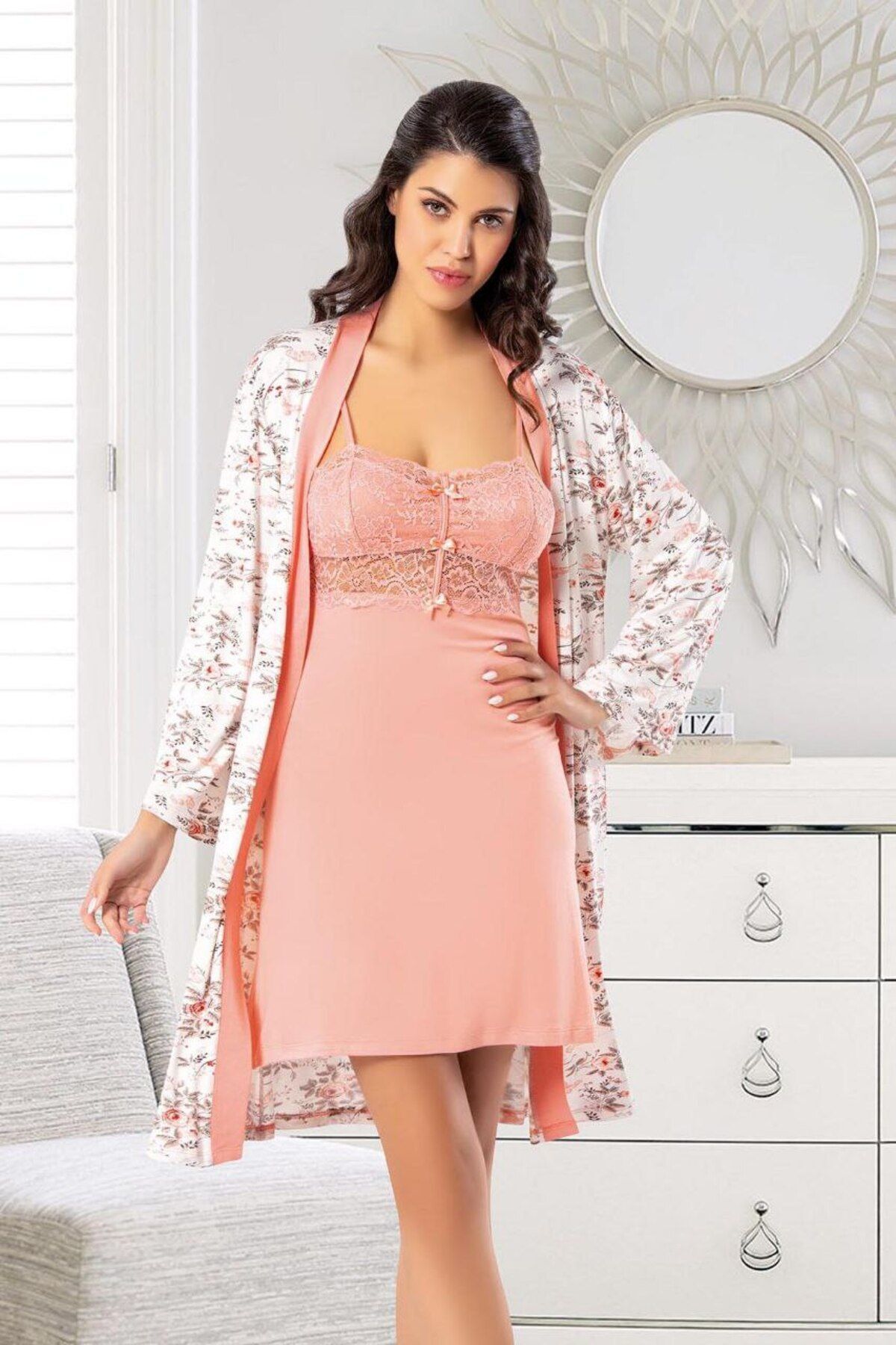 ROZELT Dantel Detaylı Çiçek Desenli Gecelik Sabahlık Takım 6024 Somon
