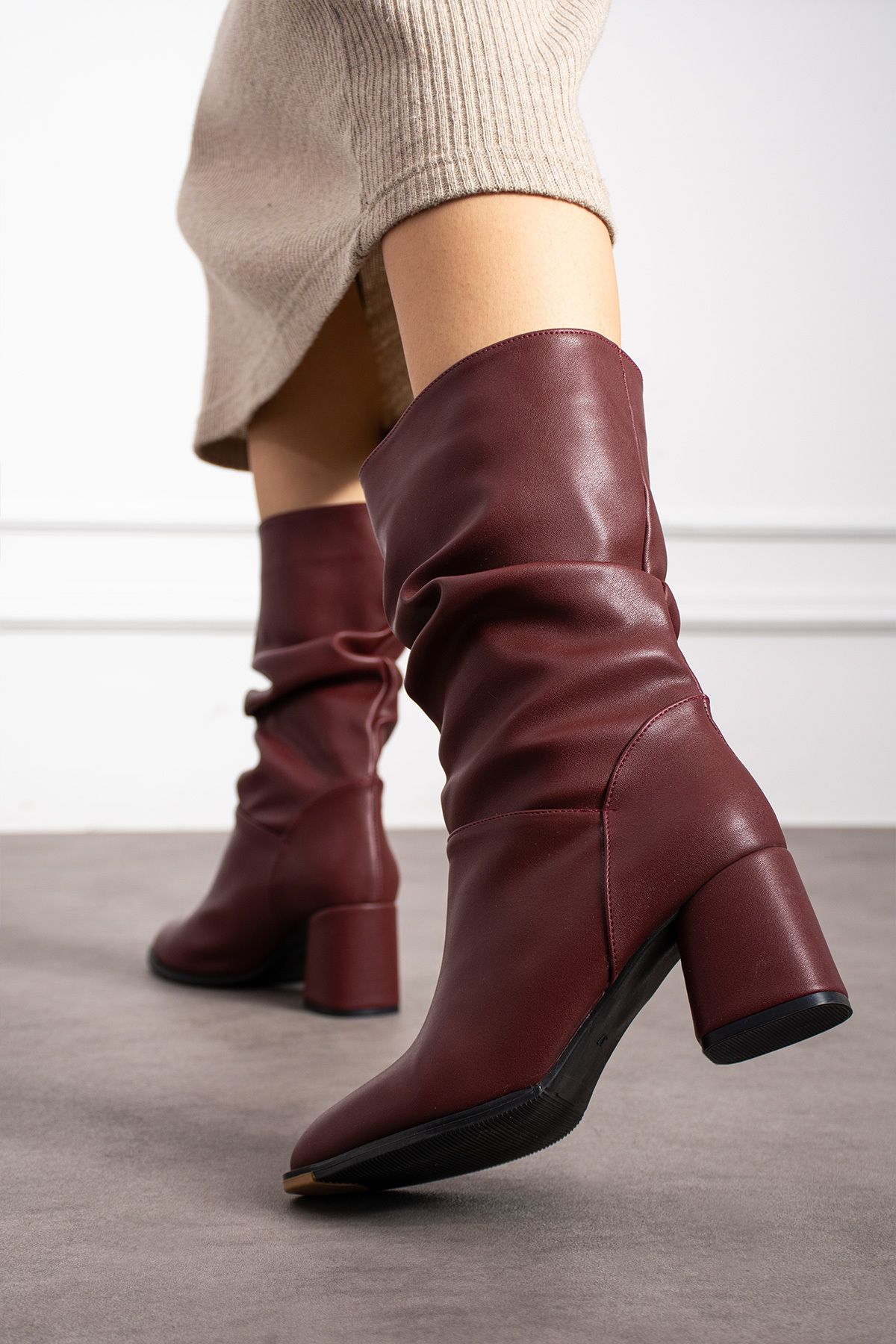 KOTAN-Claret Red Skin Gusseted Comfortable Stylish Heeled Women's Boots with Drawstring Detail 4