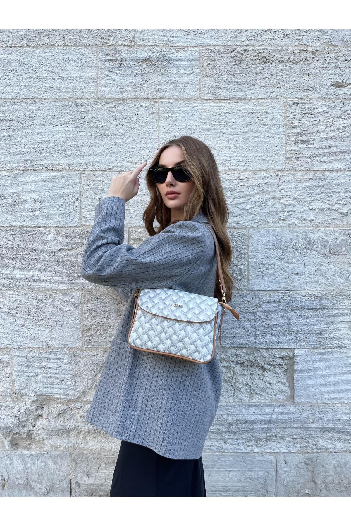 Piedra-White Camel Color Three-Dimensional Patterned Design New Season Women's Bag with Plenty of Eyelets and Zipper Shoulder Strap 3