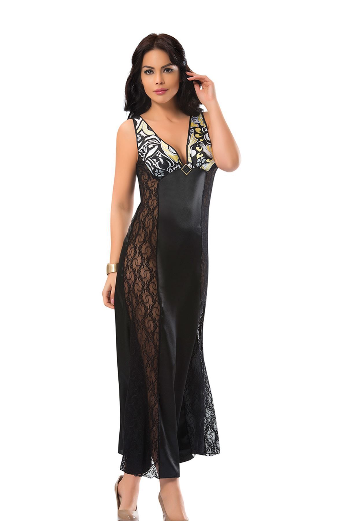 Sistina Siyah Dantelli Saten Gecelik - 085 - Beden L/XL DRSTR