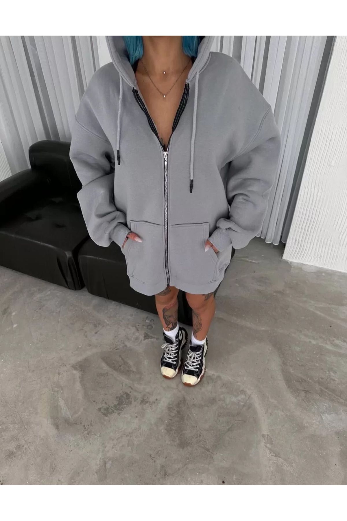 SA Alişveriş Dünyam Oversize Tam Fermuarlı Uzun Kol Hırka - Gri