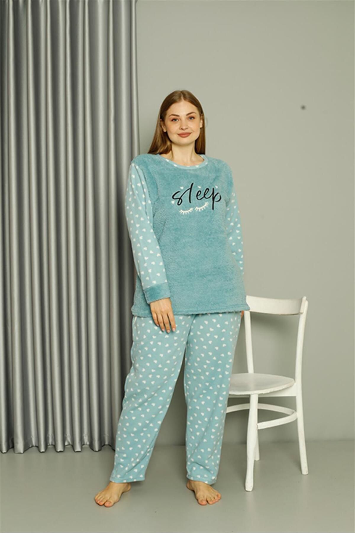 ZenWave BSMA Moda Çizgi Welsoft Polar Kadın Büyük Beden Su Yeşili Pijama Takımı 808046