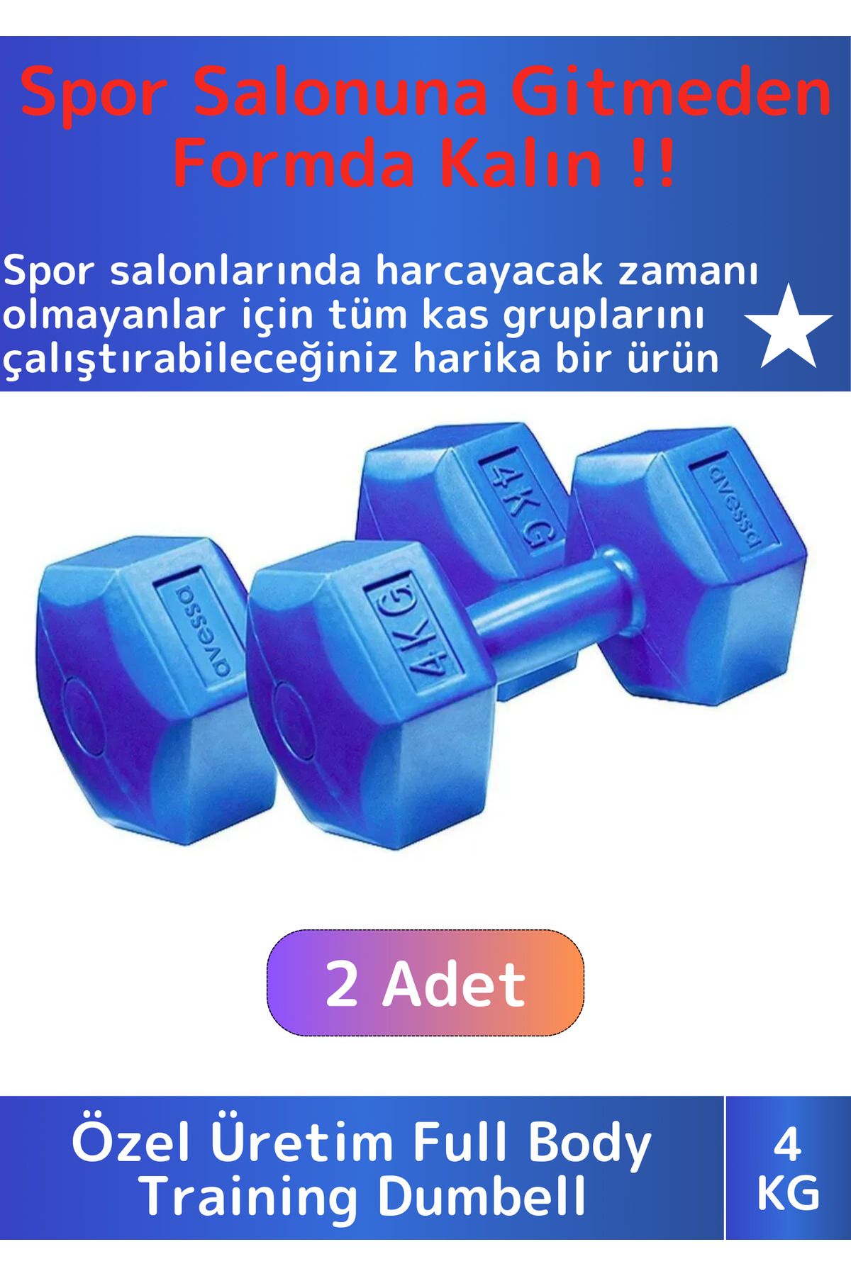 Premium Plastik Spor Egzersiz Fitness Vücut Geliştirme Pilates Ağırlık 4 Kg Dambıl Seti 2 Ad Dumbell