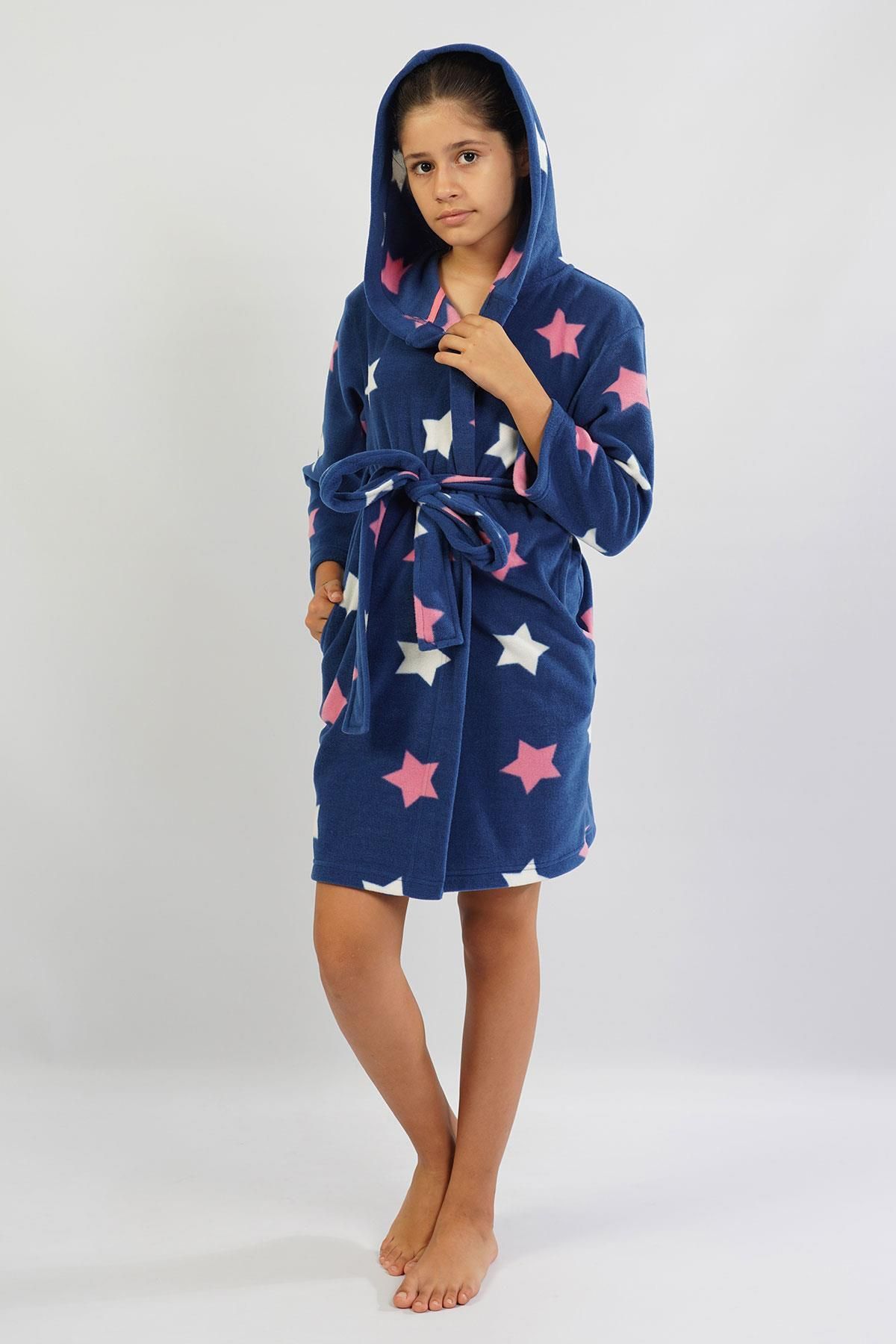 VİENETTA-Girl's Fleece Hooded Indigo Dressing Gown C1T0N3O181 3