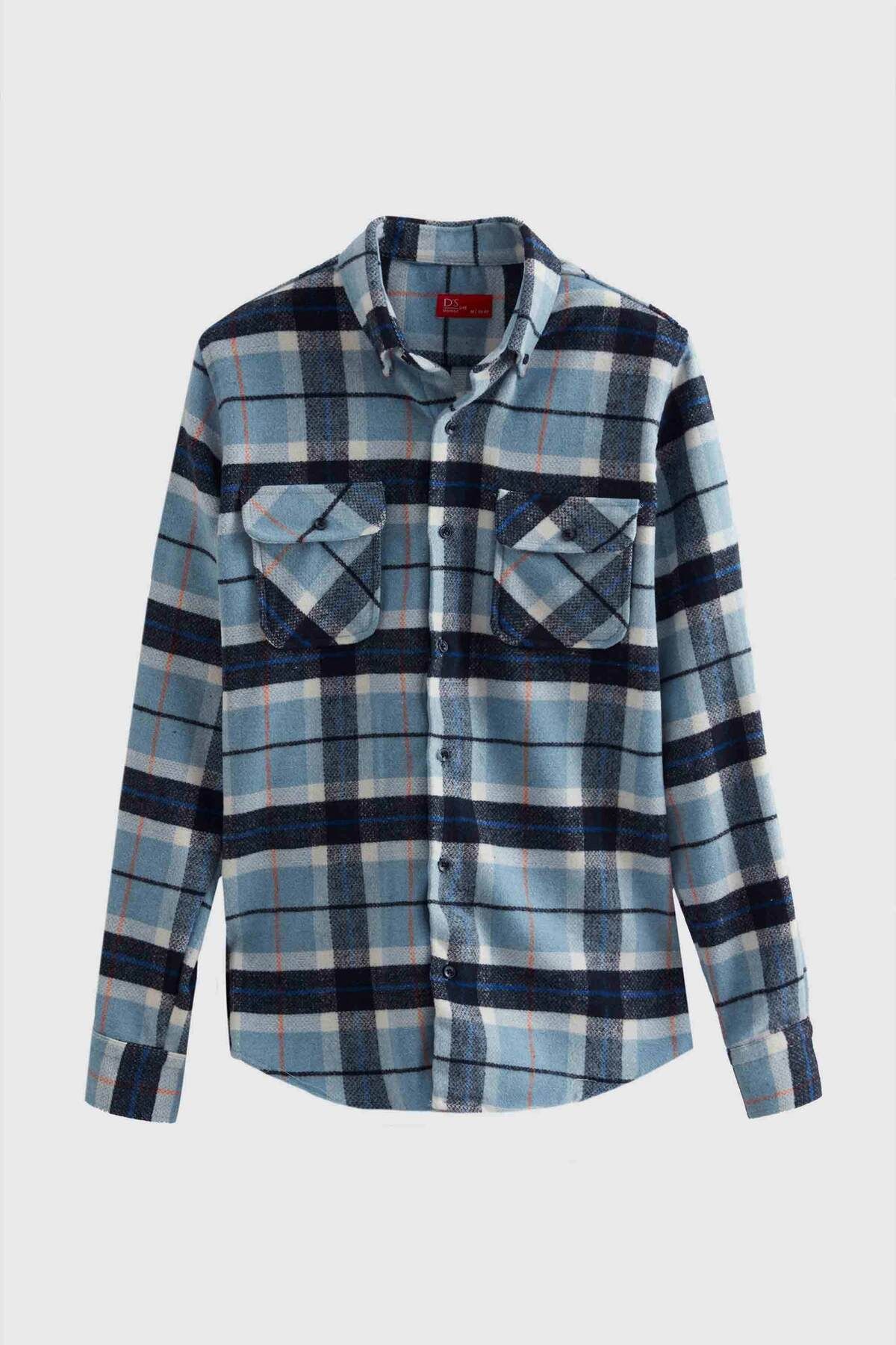 D'S Damat-Ds Damat Slim Fit Light Blue Plaid Lumberjack Shirt 5