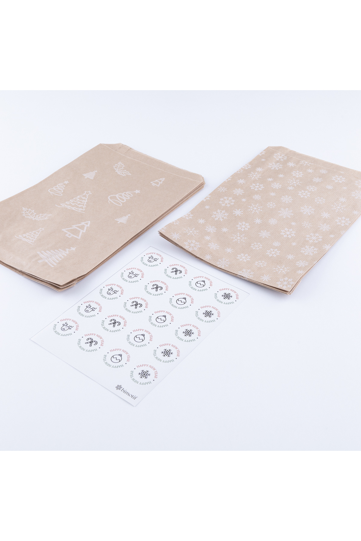 Bimotif 20 adet çam ve kar desenli kese kağıdı, hediye paketi (18x30 cm ) ve yılbaşı sticker