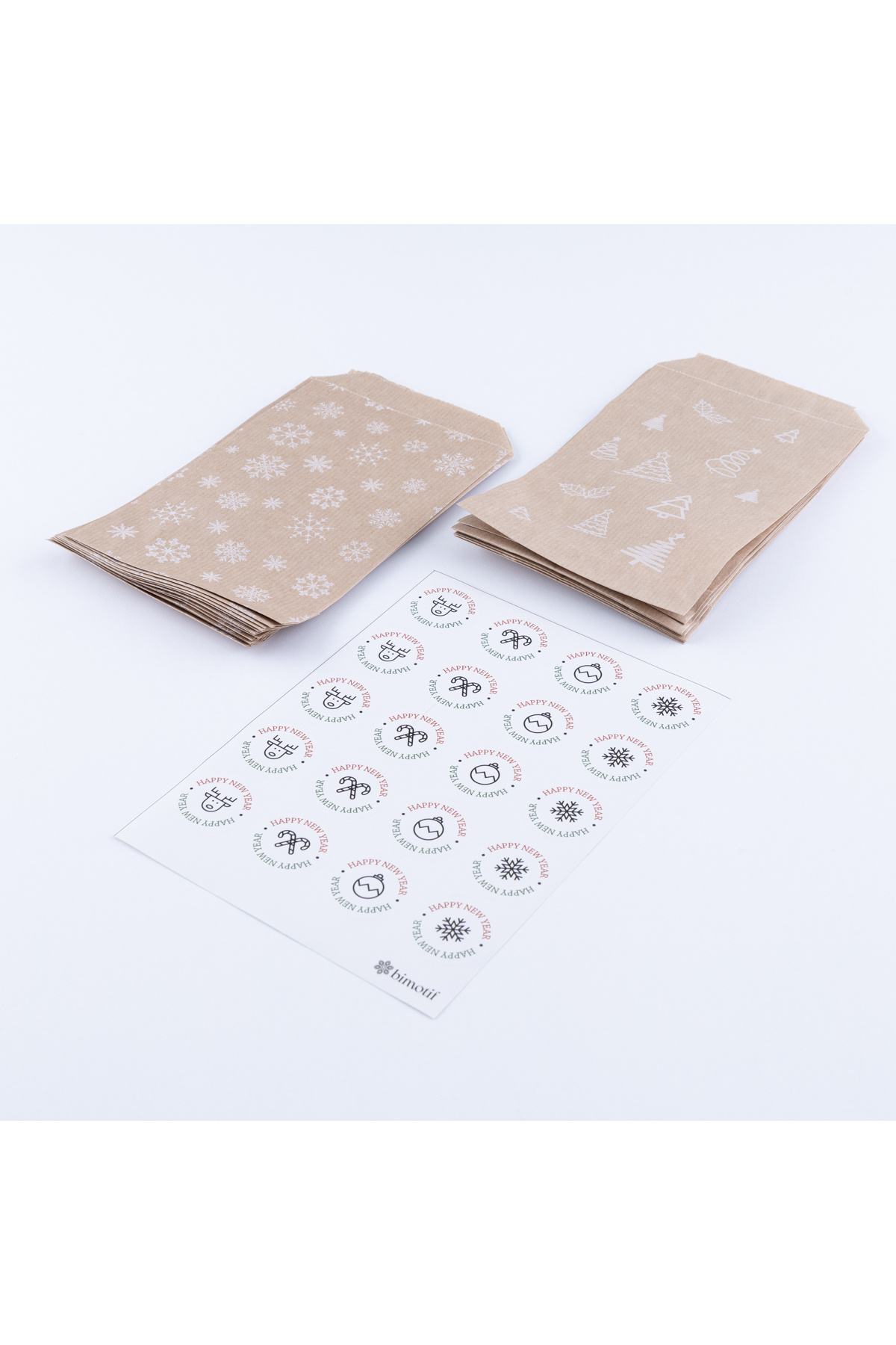 Bimotif-20 Pieces of Pine and Snow Patterned Paper Bags - Set of New Year Sticker (11x20 cm) 1