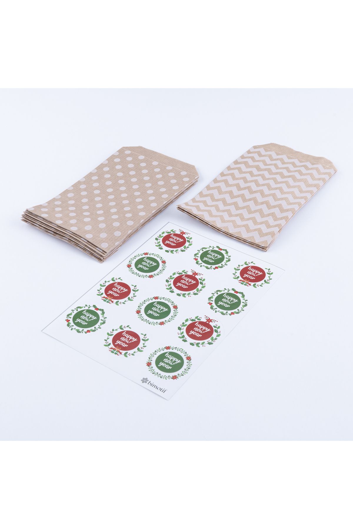 Bimotif-20 Pieces of Polka Dot and Zigzag Patterned Paper Bag - Happy New Year Sticker Set (11x20 cm) 1