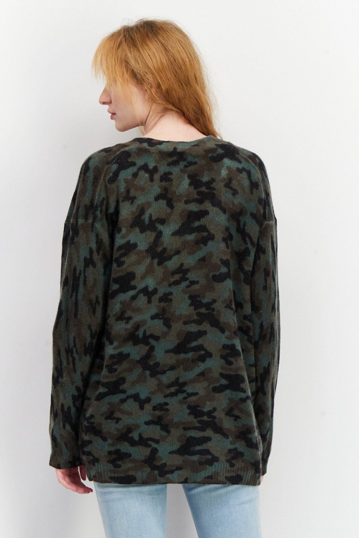 Aqua-Women V-Neck Camouflage Cashmere Cardigan, Green Combo 2