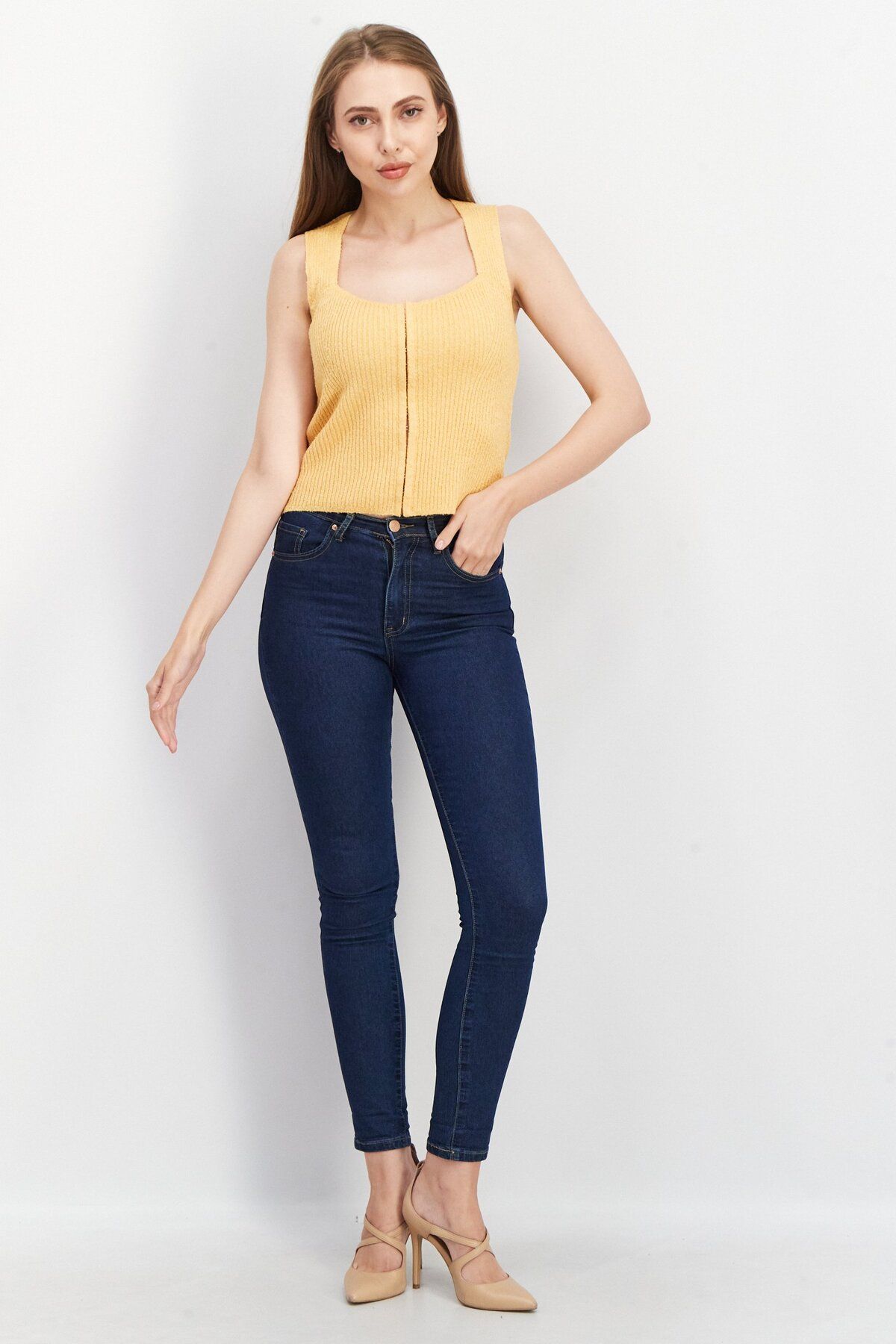 Asos Design-Women Square Neck Sleeveless Textured Top, Mustard 3