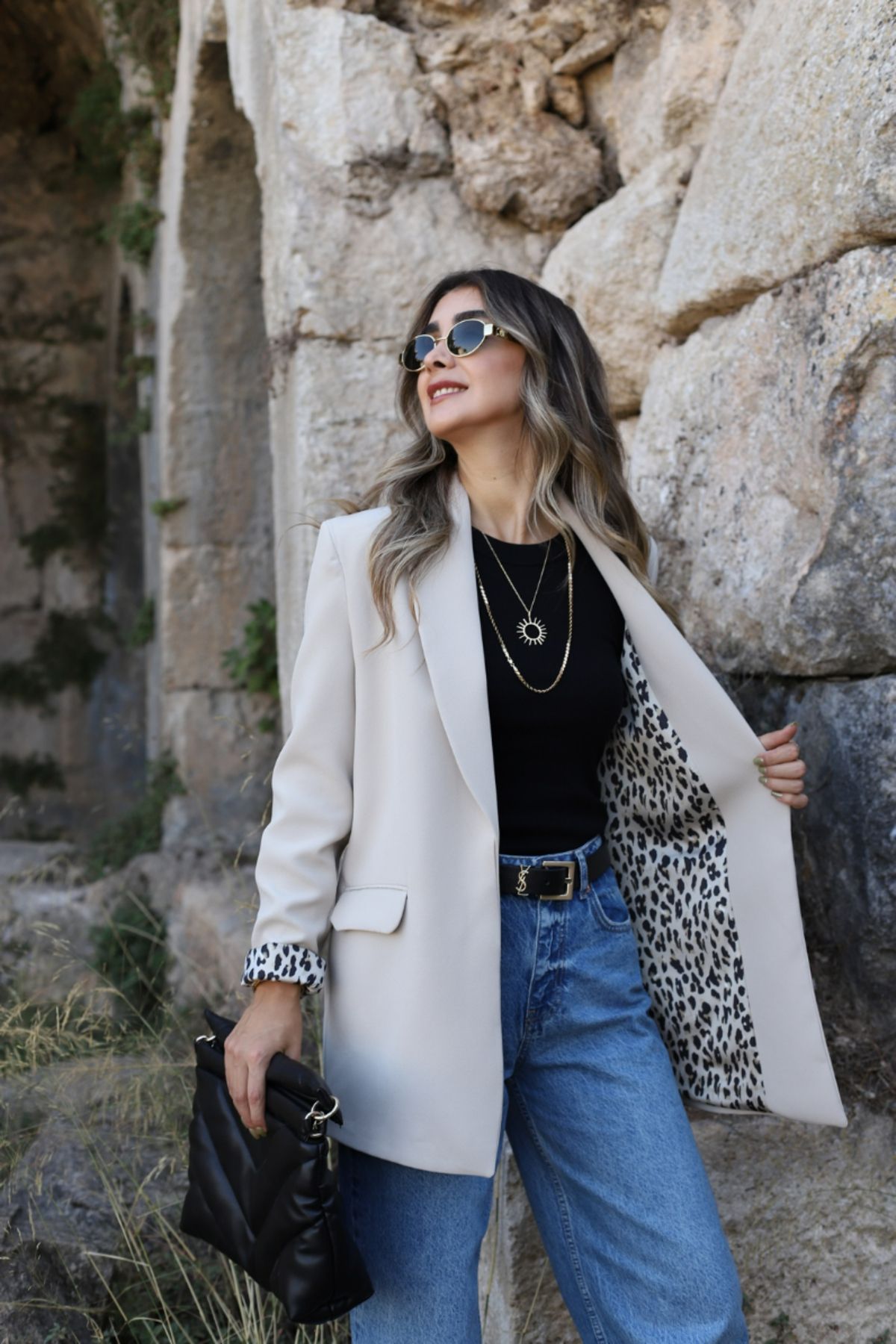 bytugcekaya-Leopard Patterned Stone Color Blazer - Shawl Collar Lined 6