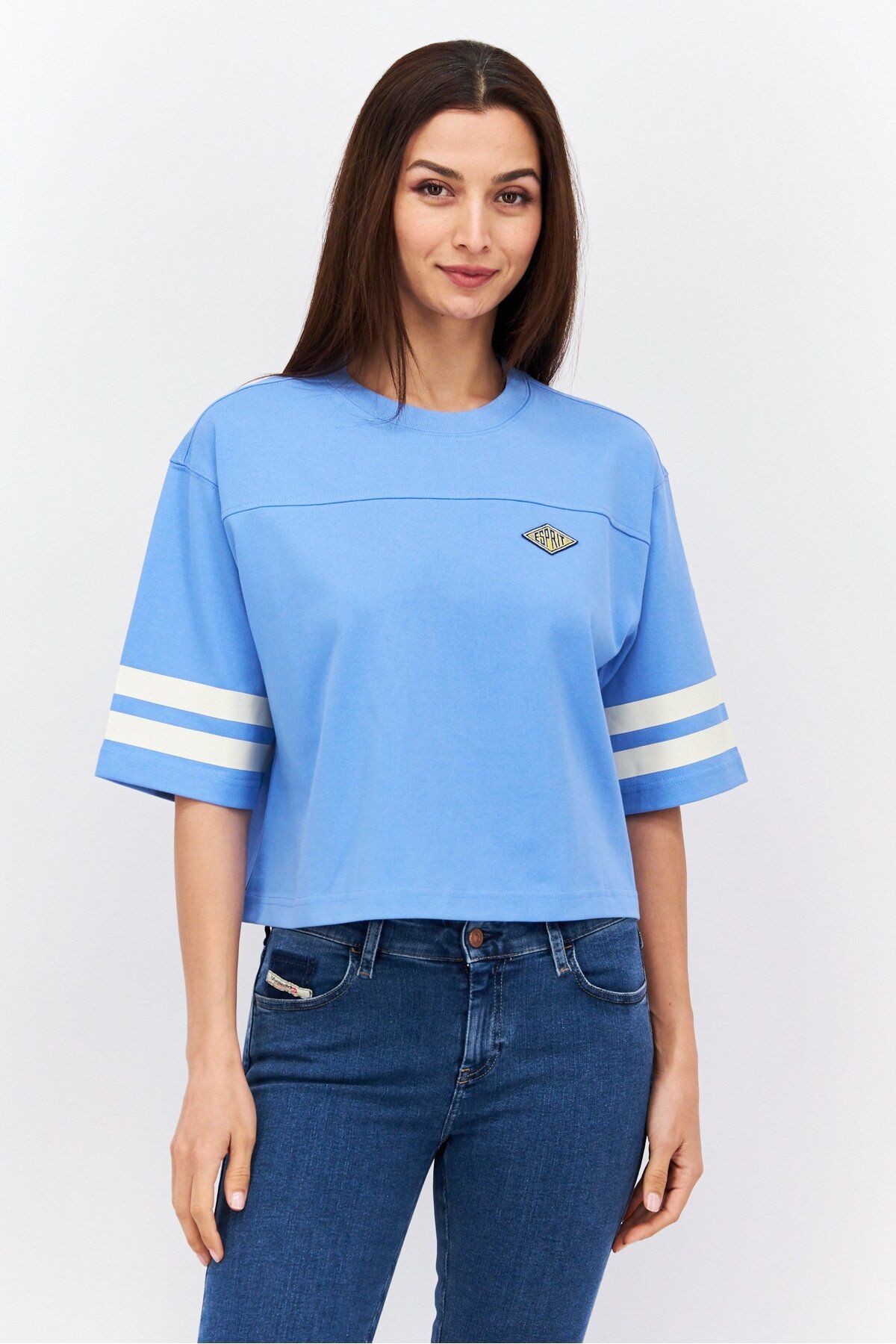 Esprit-Women Crew Neck Short Sleeve Embroidered Logo T Shirt, Blue 1