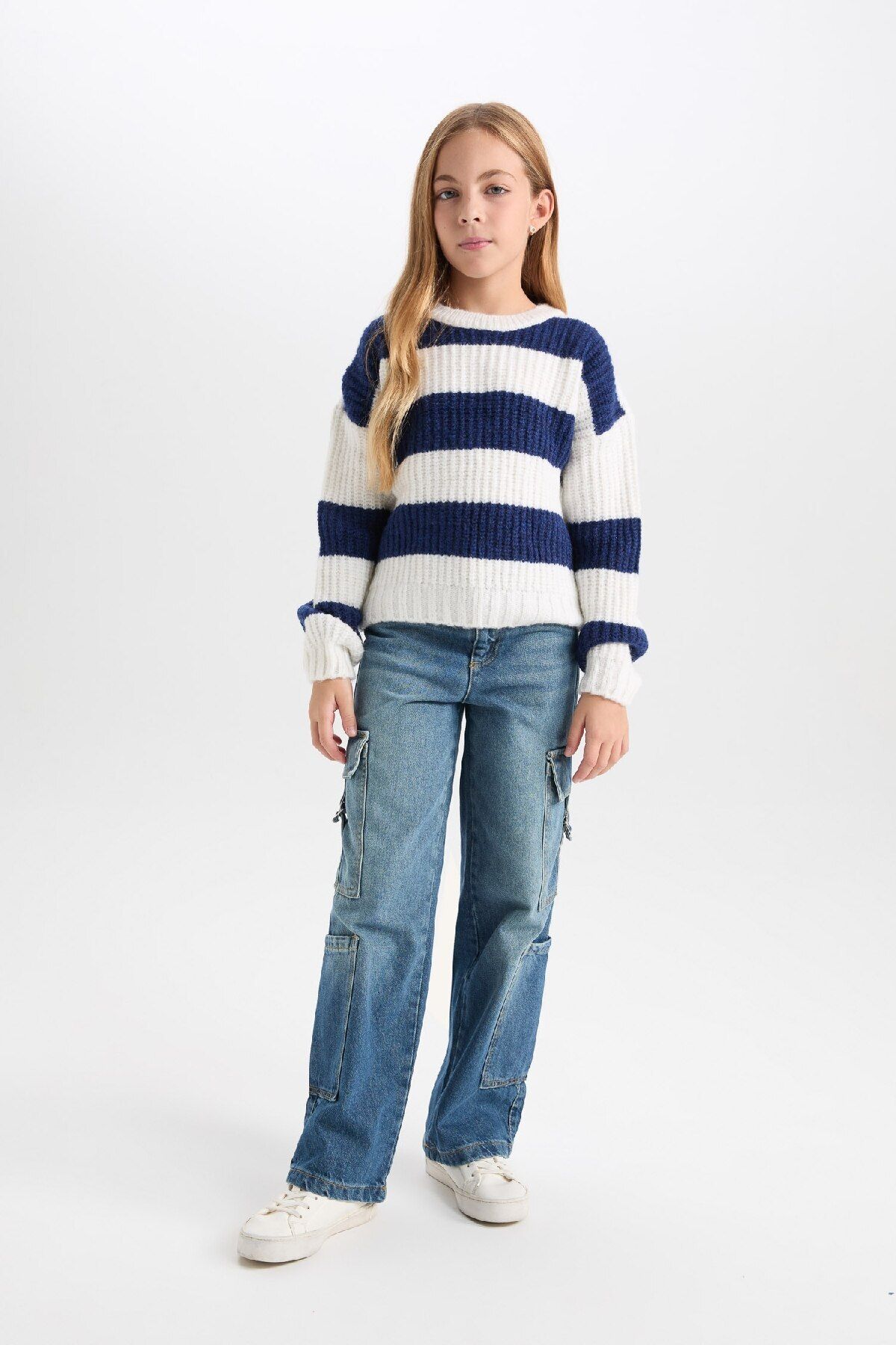 DeFacto-Girl's Striped Crew Neck Knitwear Sweater A6009A824Wn 2