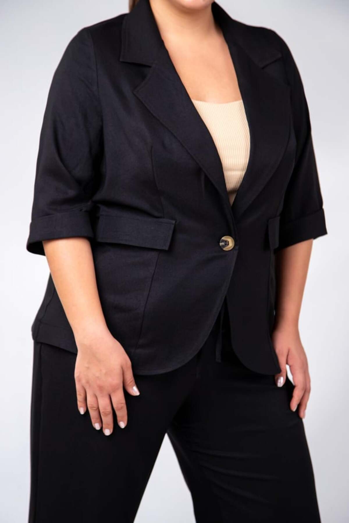 Roxxlen  Büyük Beden 333094 Keten 2'li Takım Siyah - Görsel 4