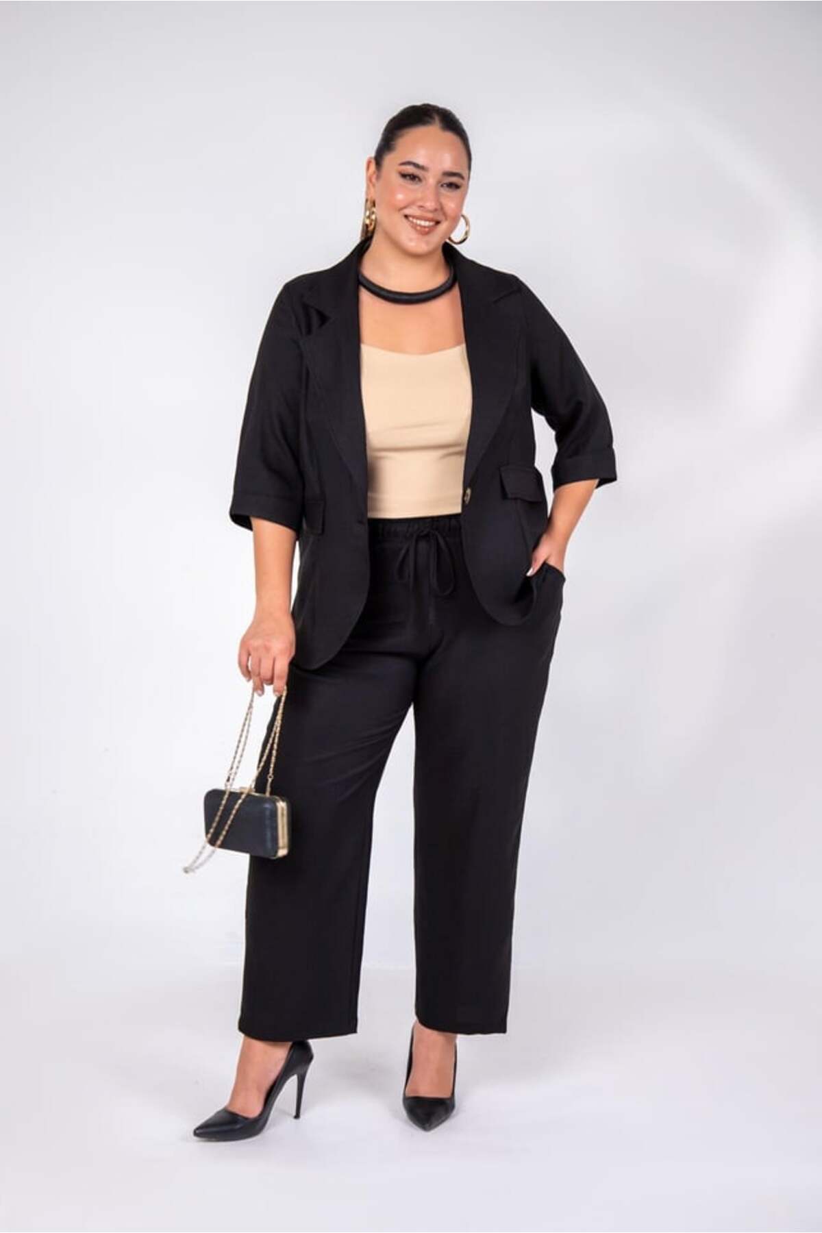 Roxxlen  Büyük Beden 333094 Keten 2'li Takım Siyah