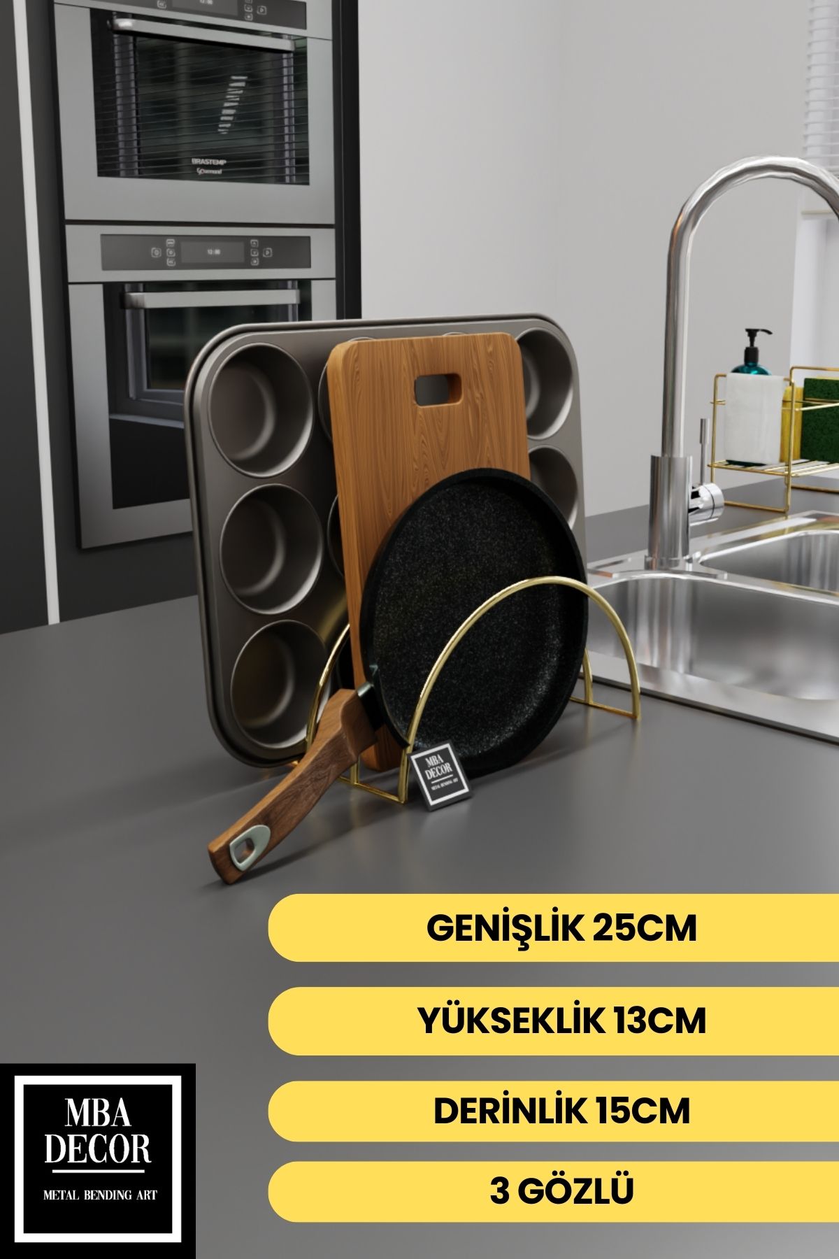 mba decor metal bending art Suport Pentru Vase De Gătit Cu 3 Arzătoare Din Inox Auriu – Organizator În Dulap, Soluție Elegantă De Bucătărie - One Size