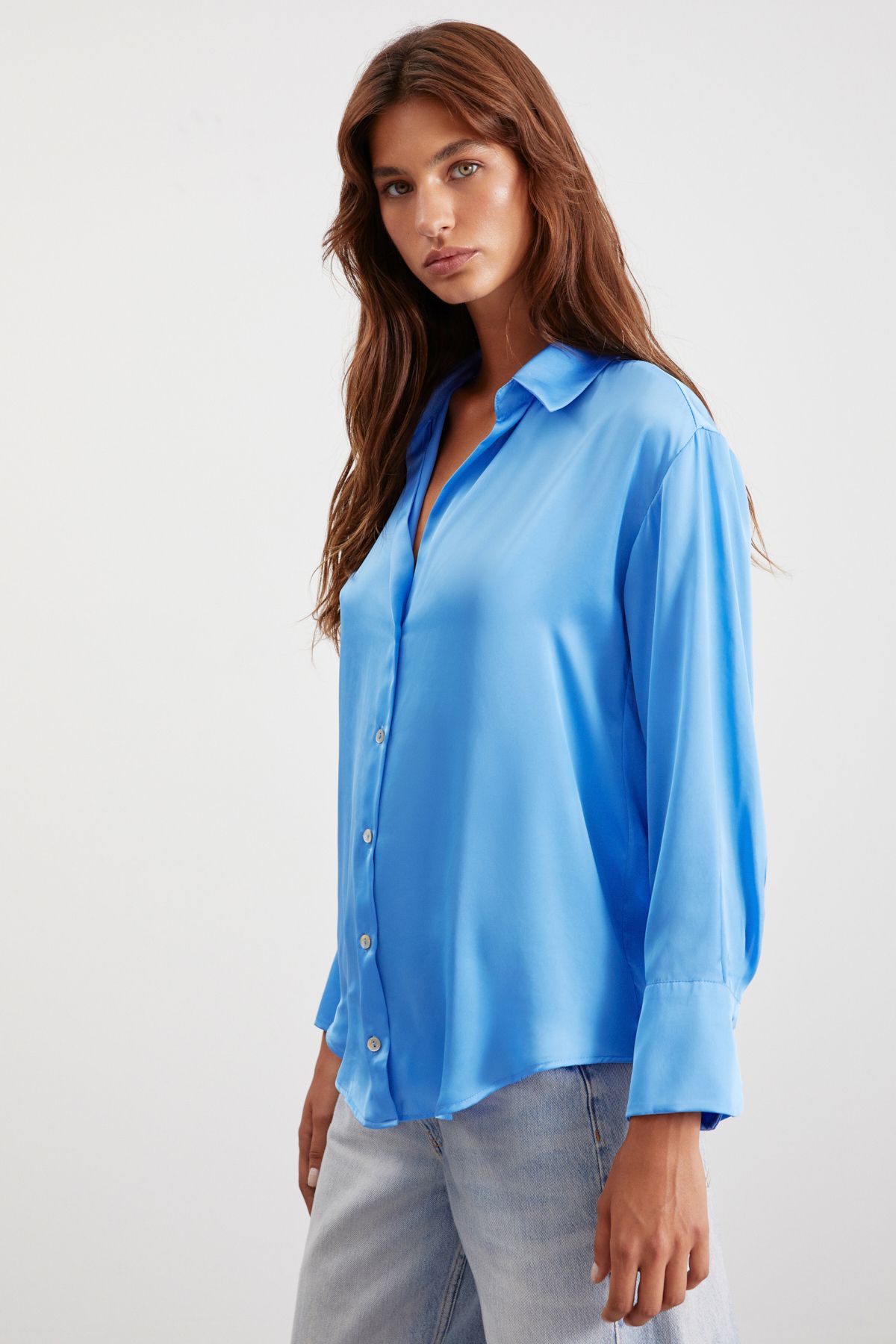 GRIMELANGE-Sheila Women's - Premium Satin, Relaxed Fit Blue Shirt, Long Sleeve 3