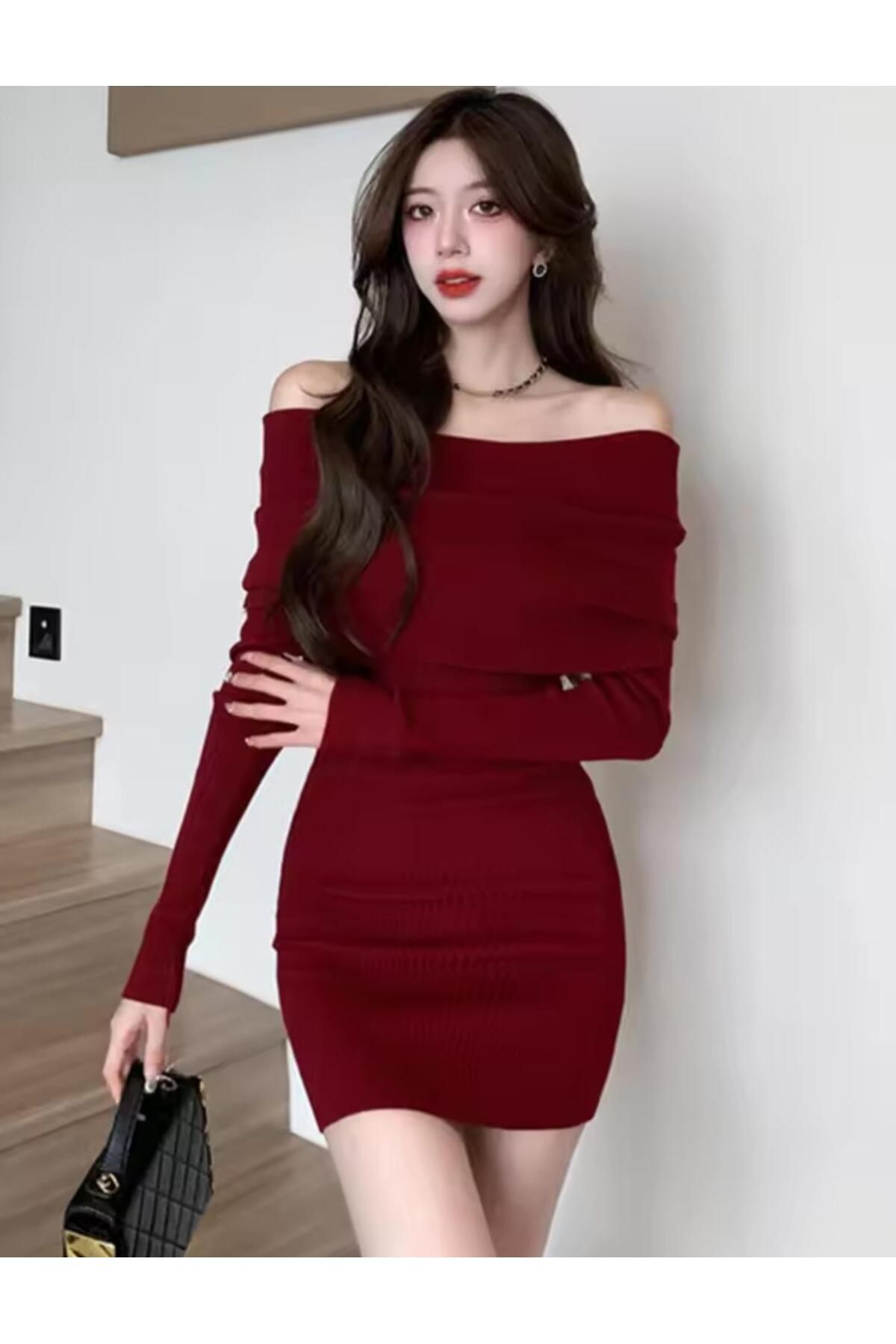 Styling Park-Ribbed Camisole Shoulder Detailed Carmen Collar Long Sleeve Mini Dress 5