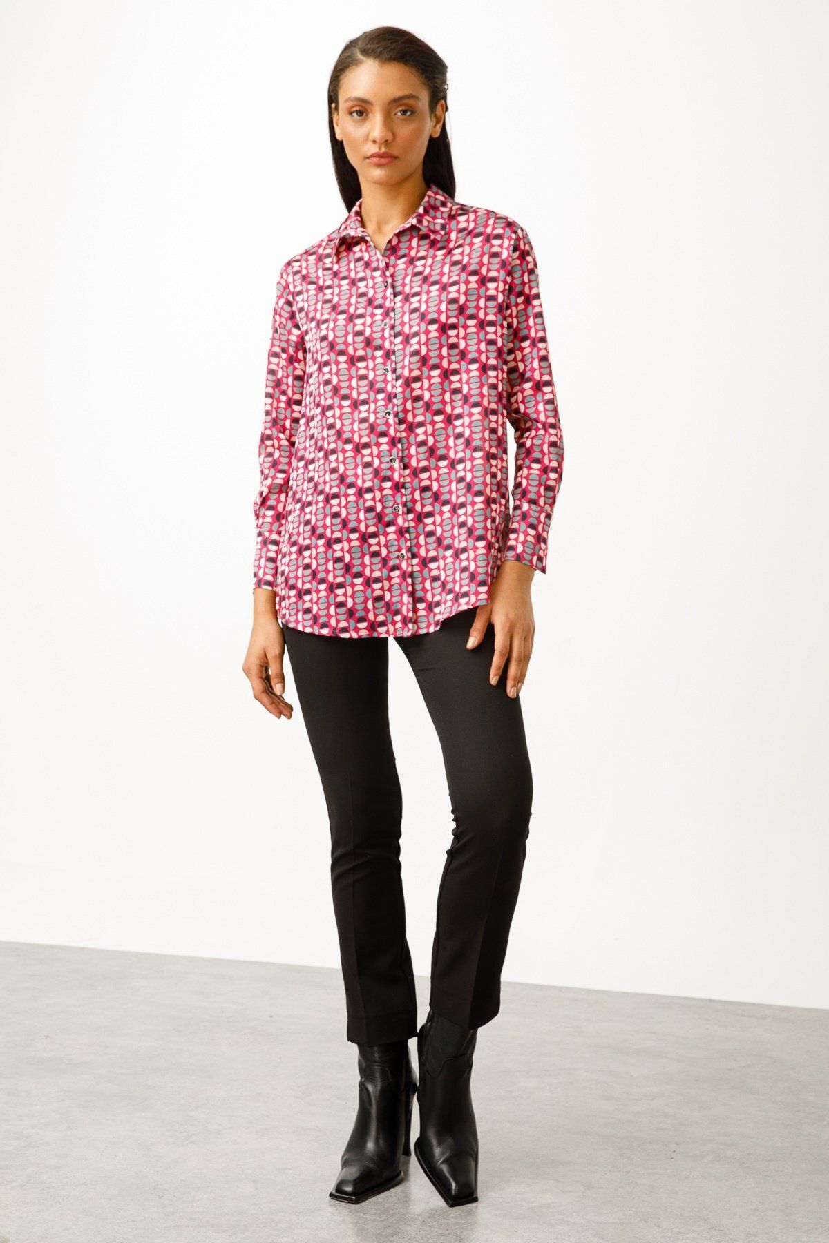 Moda İlgi-Modailgi Off Shoulder Casual Printed Shirt Fuchsia 1