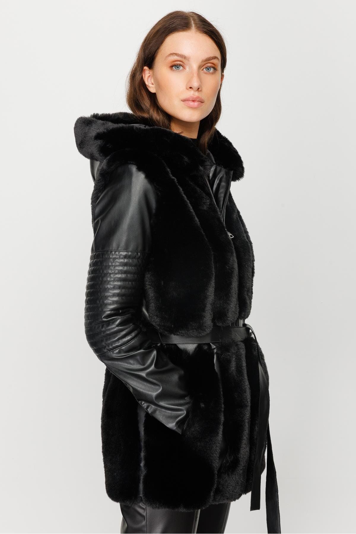 Moda İlgi-Modailgi Hooded Fur Detailed Leather Coat Black 5