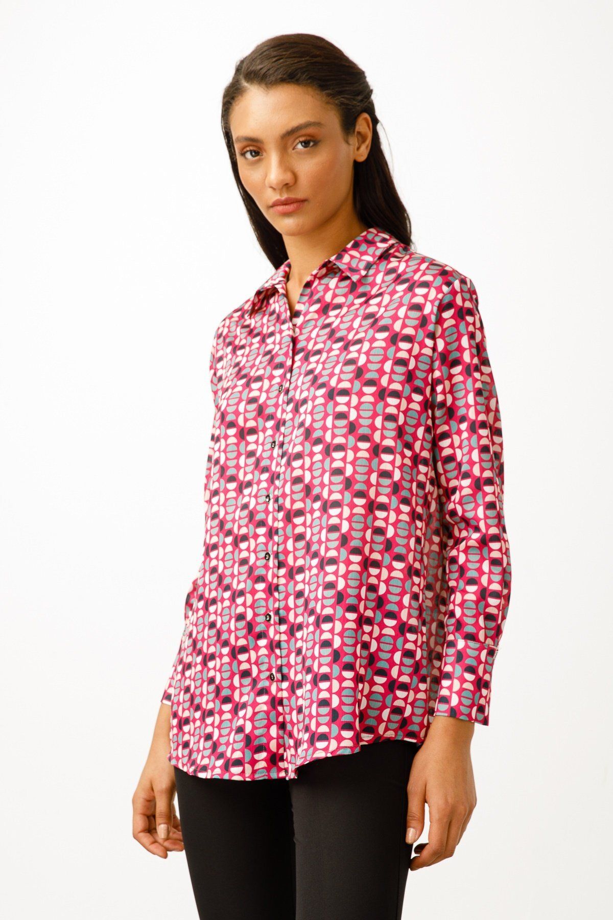 Moda İlgi-Modailgi Off Shoulder Casual Printed Shirt Fuchsia 5