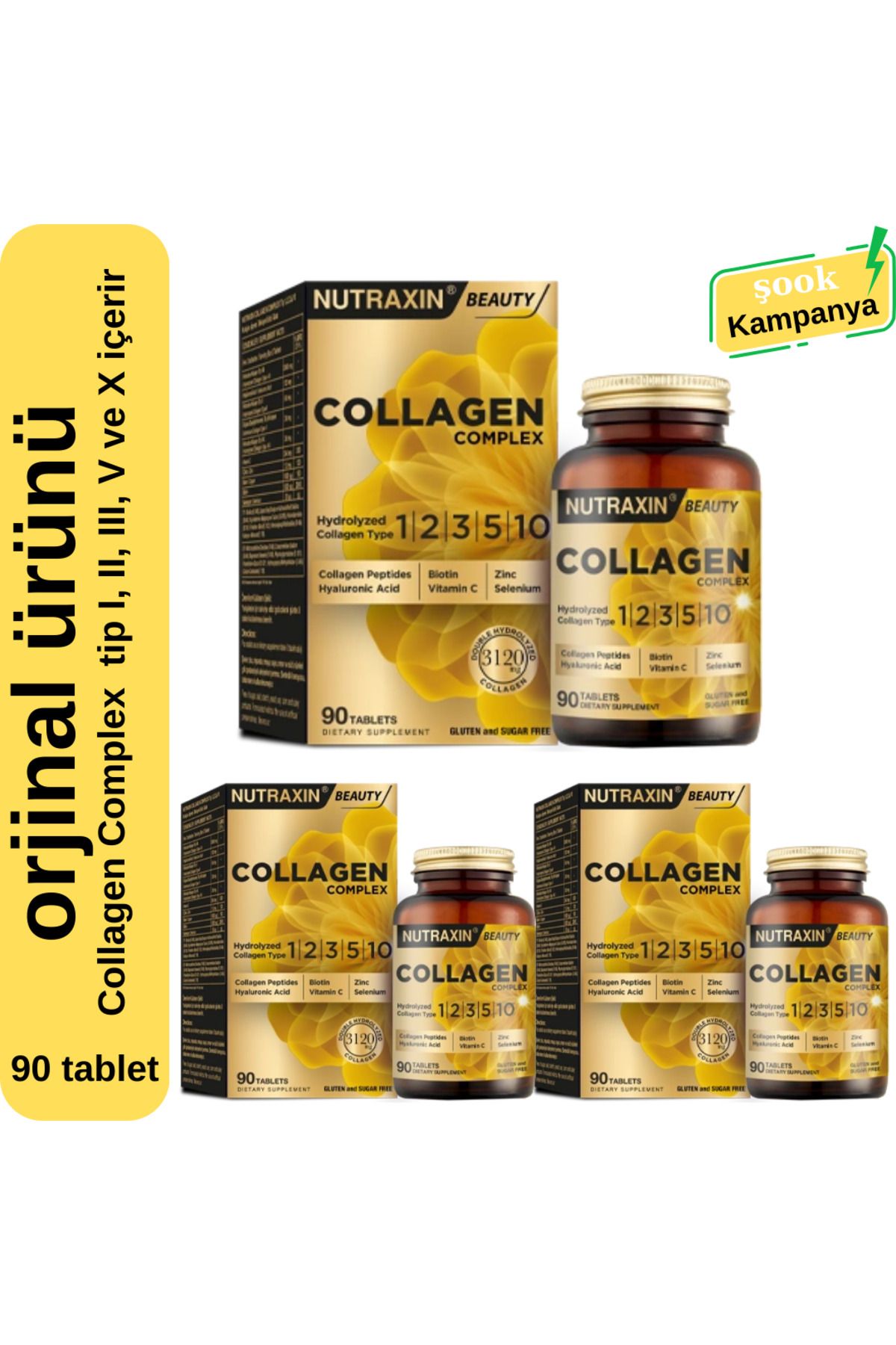 Nutraxin Collagen Complex 3'lü 90 tablet; içerisinde kolajen tip I, II, III, V ve X içerir