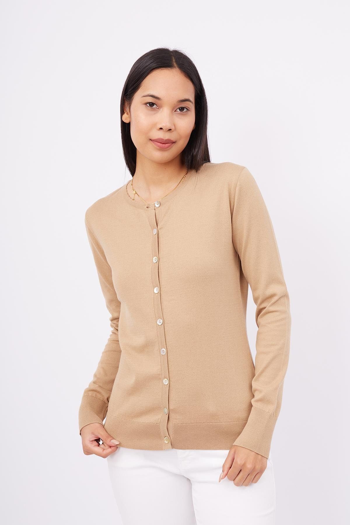 Peraluna-Mıla Cardigan Crew Neck Camel Knitwear Cardigan pentru femei - Basic Cotton 2