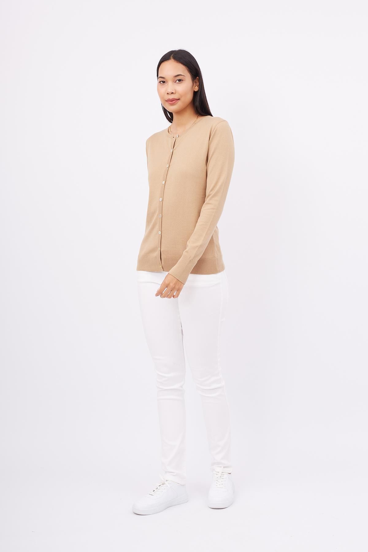 Peraluna-Mıla Cardigan Crew Neck Camel Knitwear Cardigan pentru femei - Basic Cotton 7