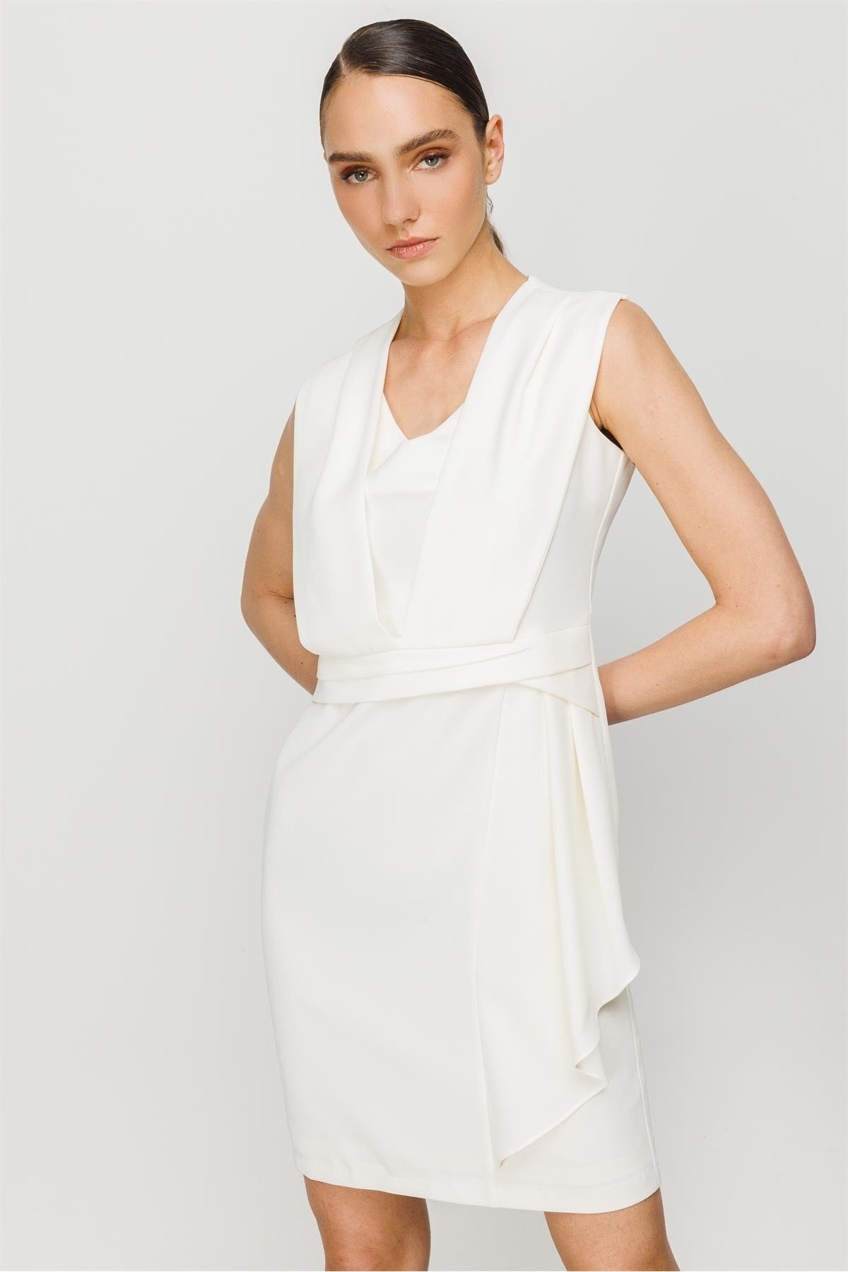 Moda İlgi-Modailgi Sleeveless Flounce Detailed Dress Ecru 3