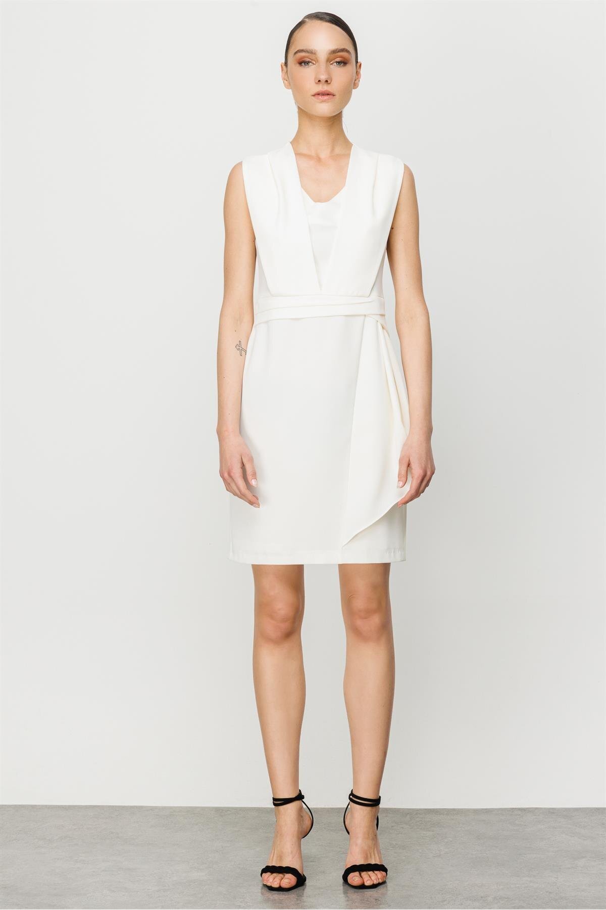 Moda İlgi-Modailgi Sleeveless Flounce Detailed Dress Ecru 4