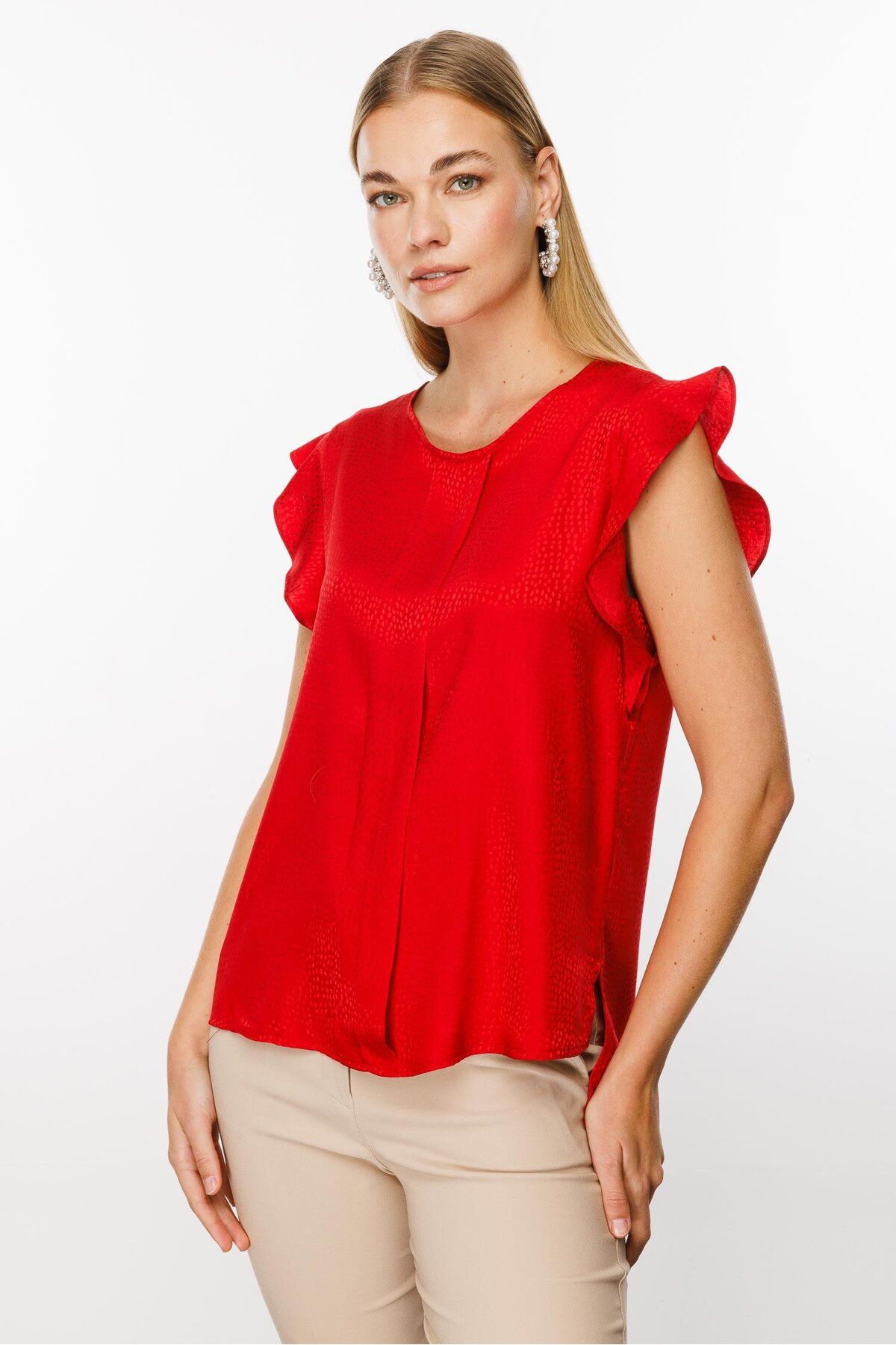 Moda İlgi-Red Modailgi Flounce Jacquard Blouse 3