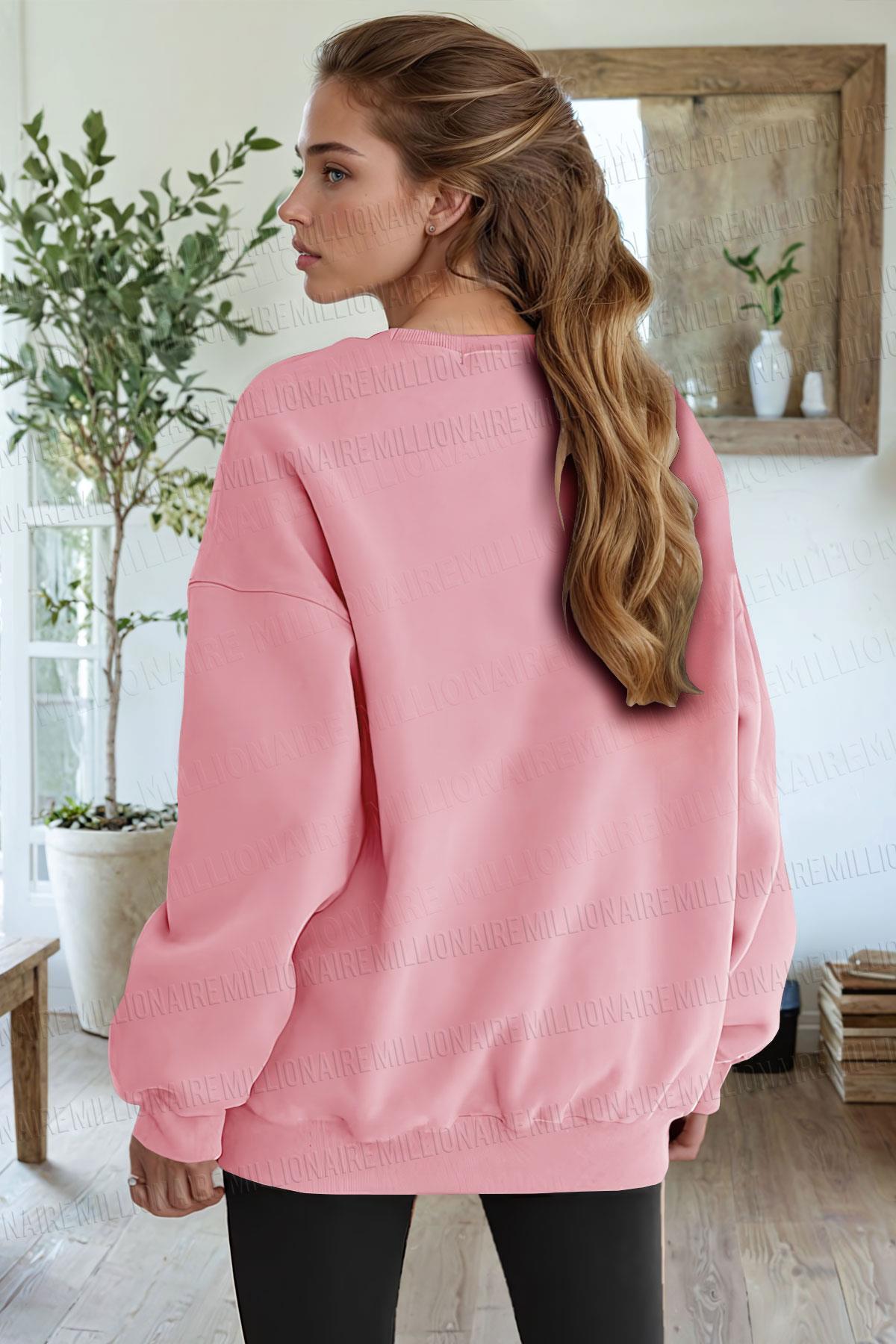 Millionaire  Kadın Pembe Basic 0 Sıfır Yaka Baskısız Düz Oversize Salaş Bol Kesim Polar Sweatshirt - Görsel 3