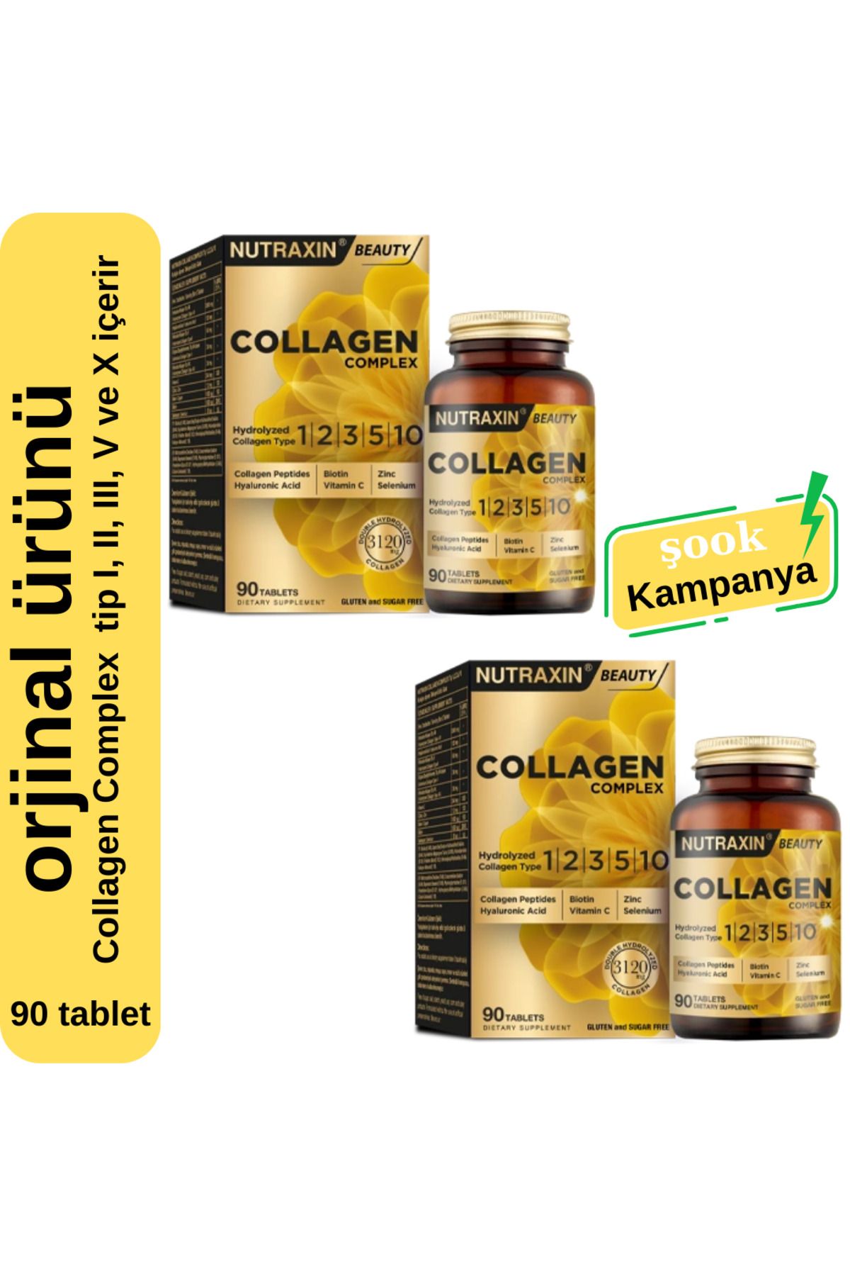 Nutraxin Collagen Complex 2'li 90 tablet; içerisinde kolajen tip I, II, III, V ve X içerir