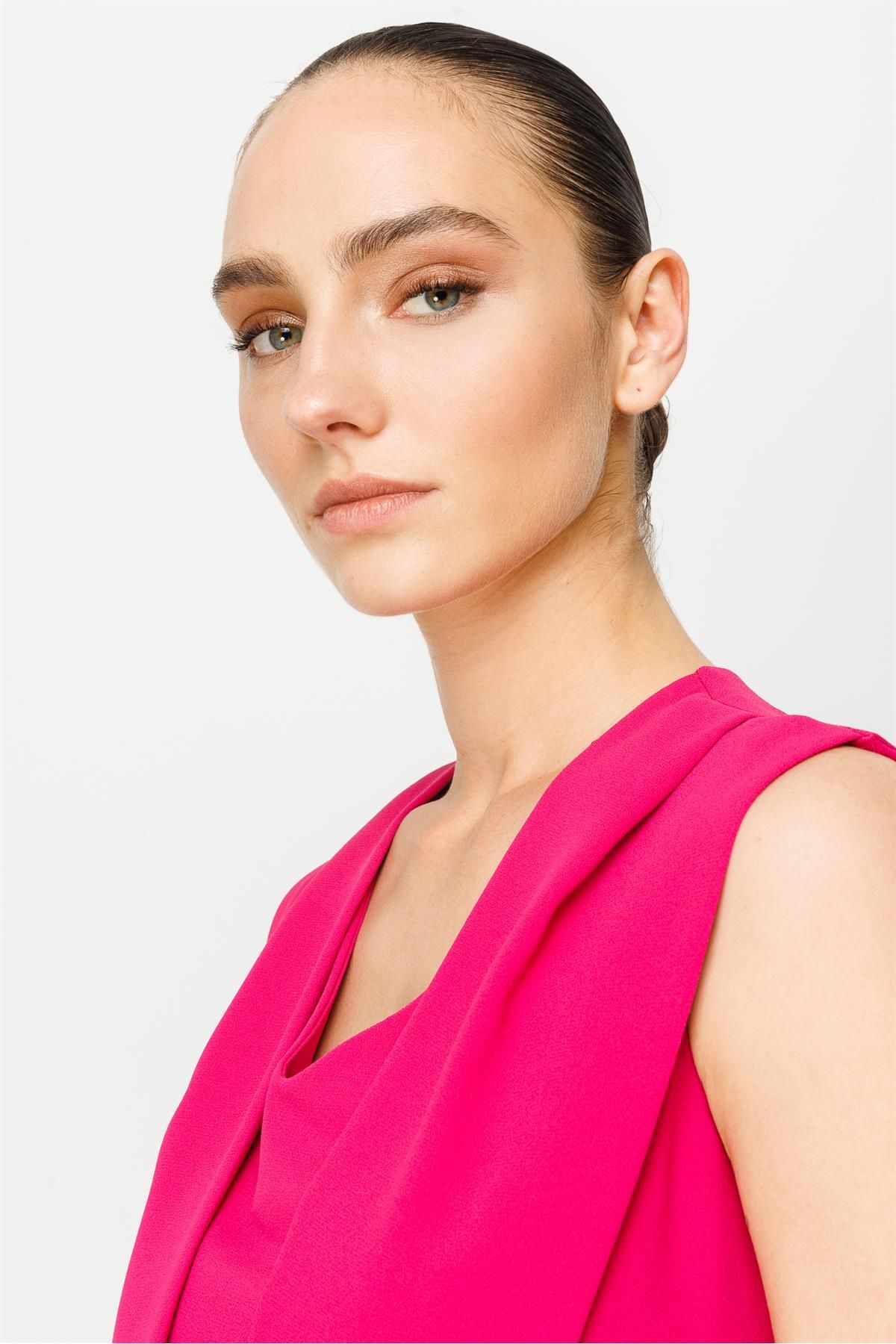 Moda İlgi-Rochie detaliată cu volan fără mâneci Modailgi Fuchsia 4