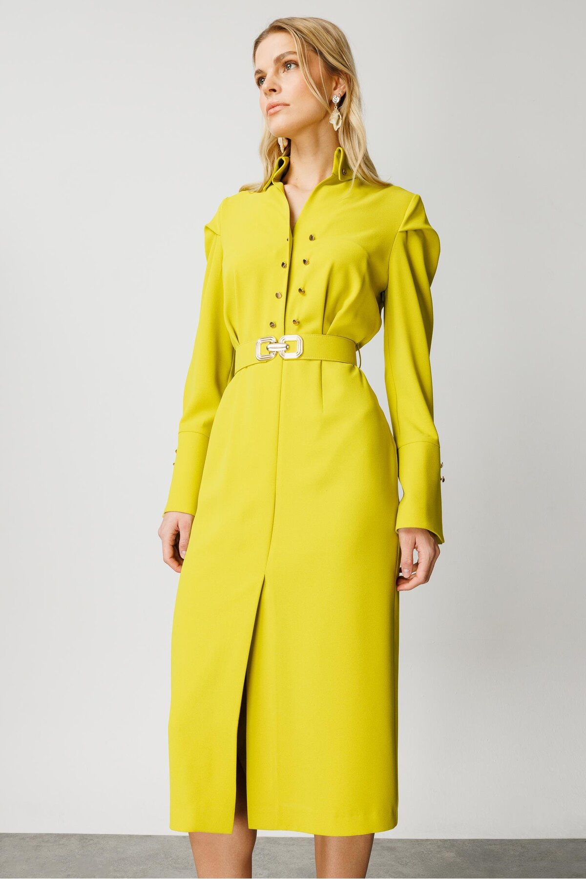 Moda İlgi  Modailgi Gömlek Yakalı Önden Yırtmaçlı Midi Boy Elbise Asit - Görsel 5