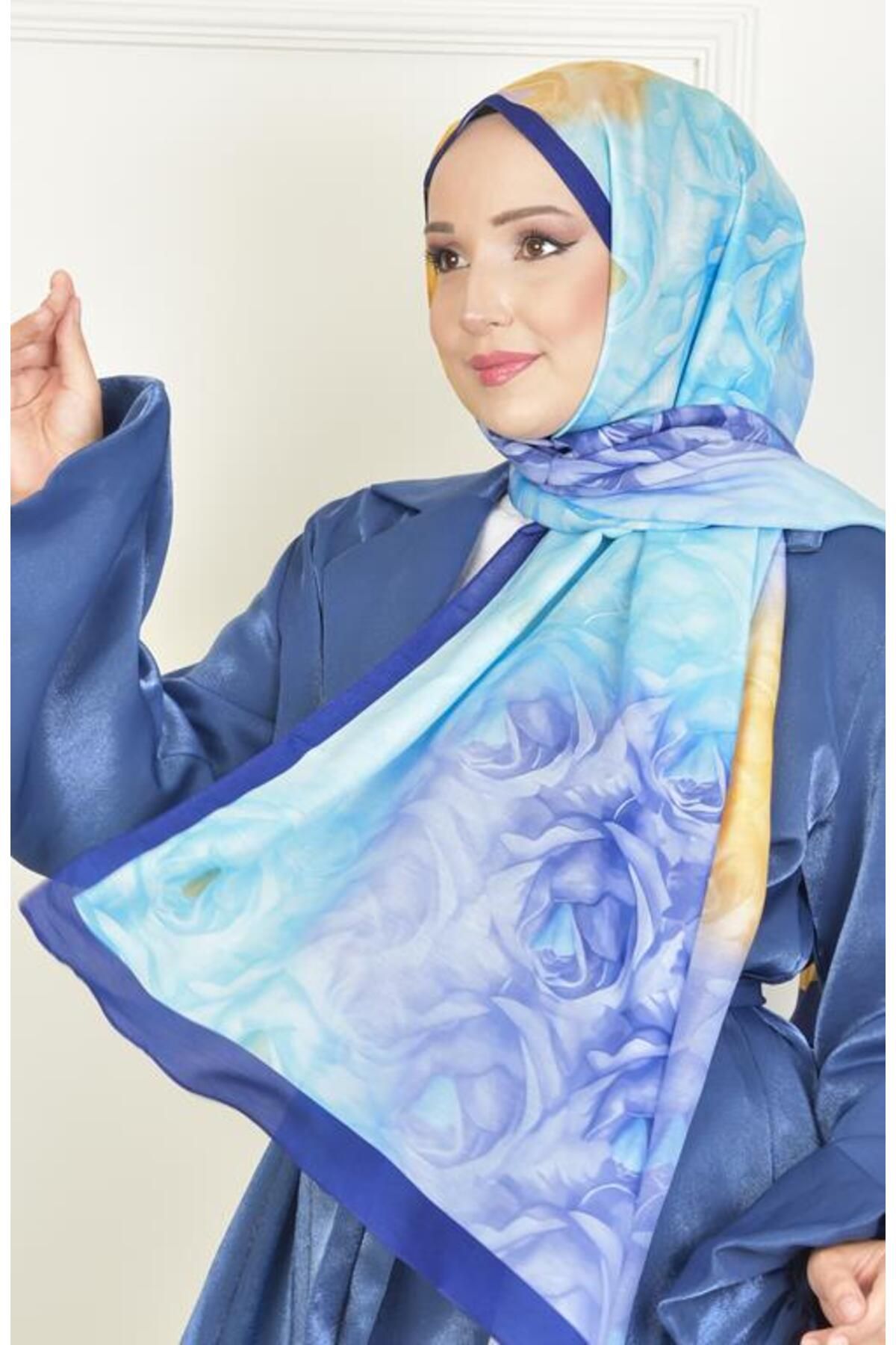 BURDEN IPEK-Navy Blue Rosebud Soft Cotton Patterned Shawl 2